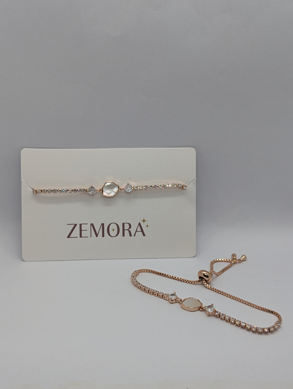 Mother of Pearl Hexagon CZ Tennis Bracelet - Rose Gold tone bolo version with Zemora card display