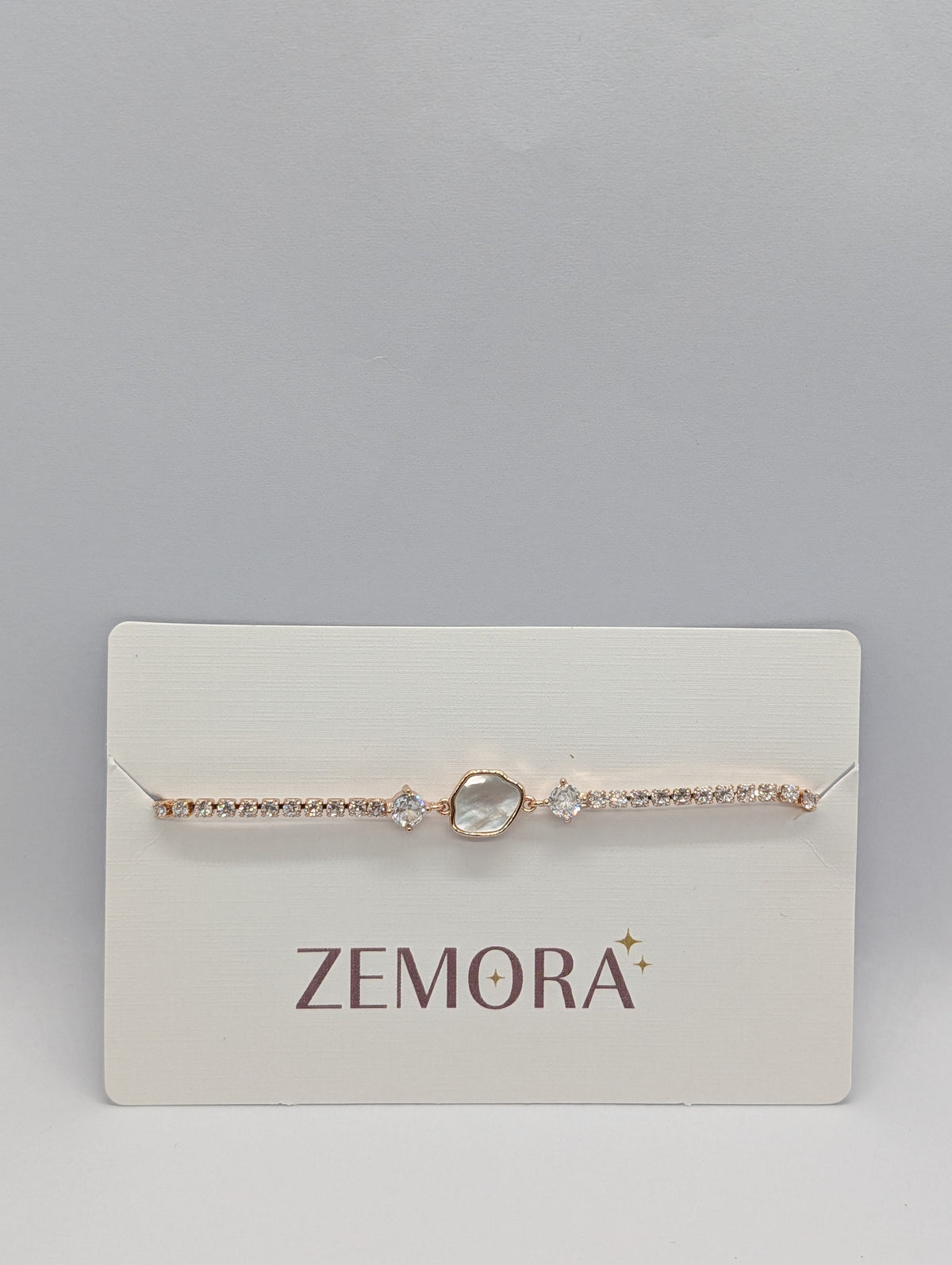 Mother of Pearl Hexagon CZ Tennis Bracelet - Rose Gold tone on Zemora card display