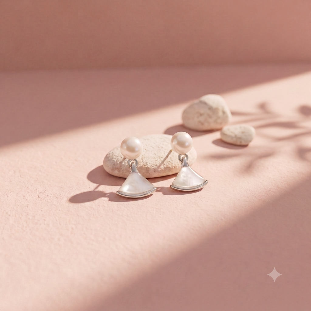 Pearl & Mother of Pearl Fan Drop Earrings - lifestyle shot on stones
