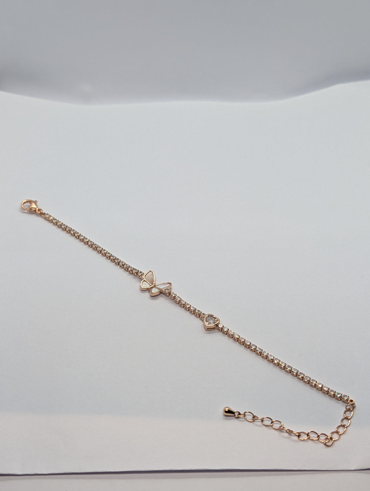 Silver butterfly heart duo station CZ tennis bracelet on Zemora jewellery card