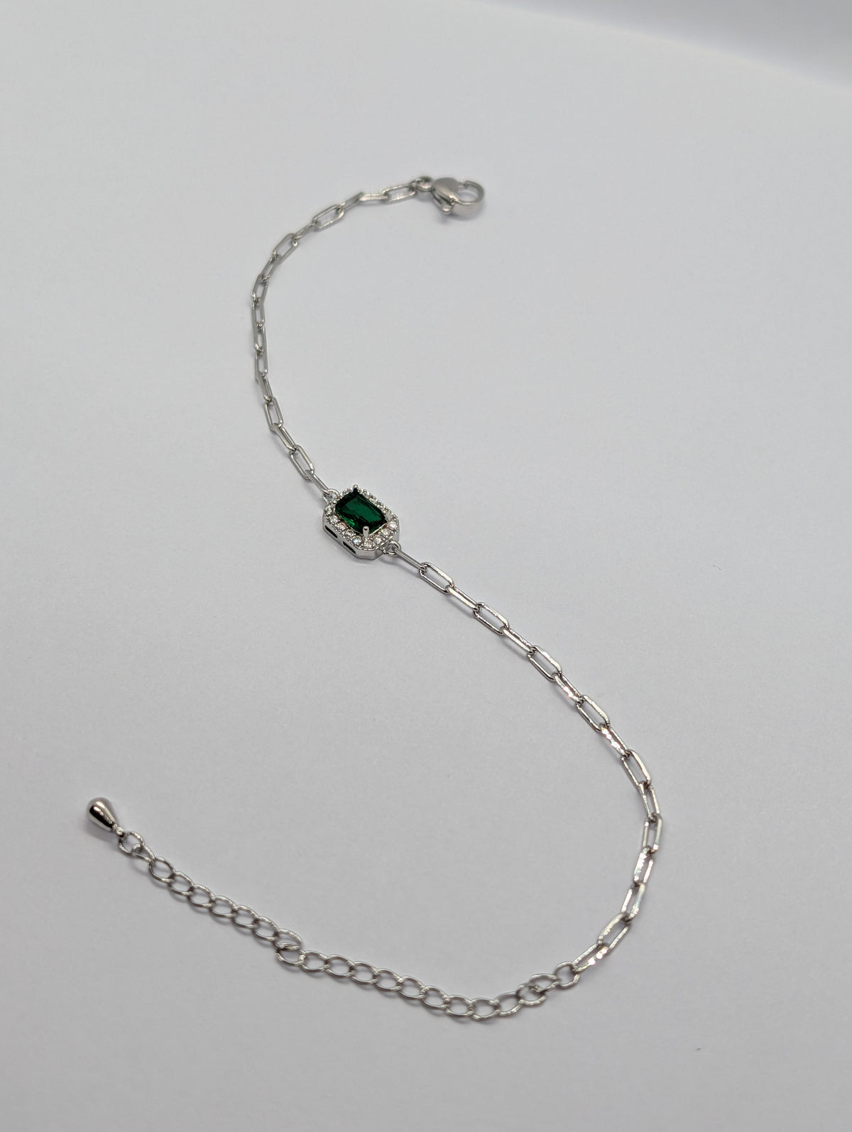 Emerald CZ Halo Rectangle Bracelet - Silver tone with green CZ stone