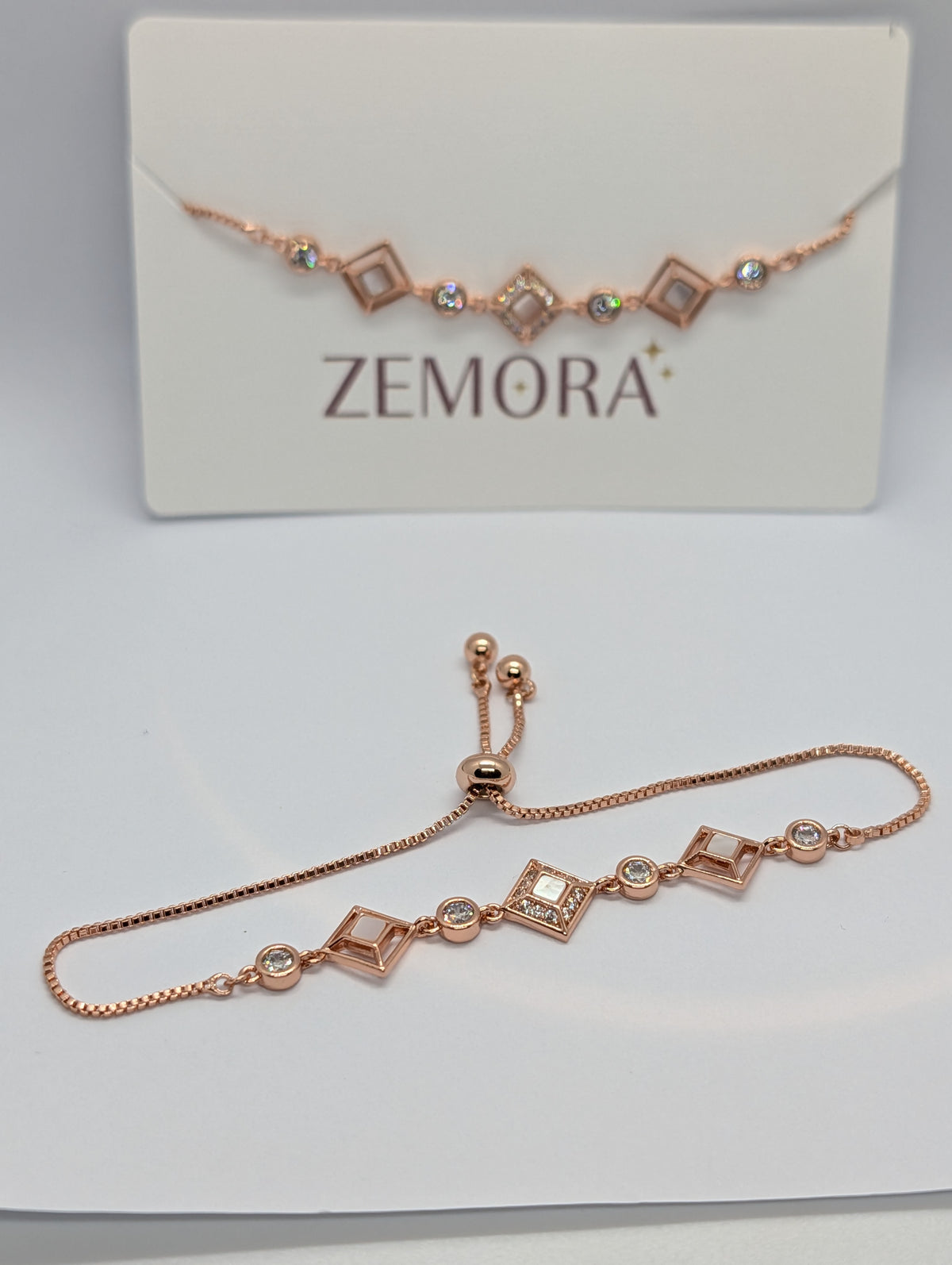 CZ Diamond Shape Station Bracelet - Rose Gold tone with pull-adjust slider detail