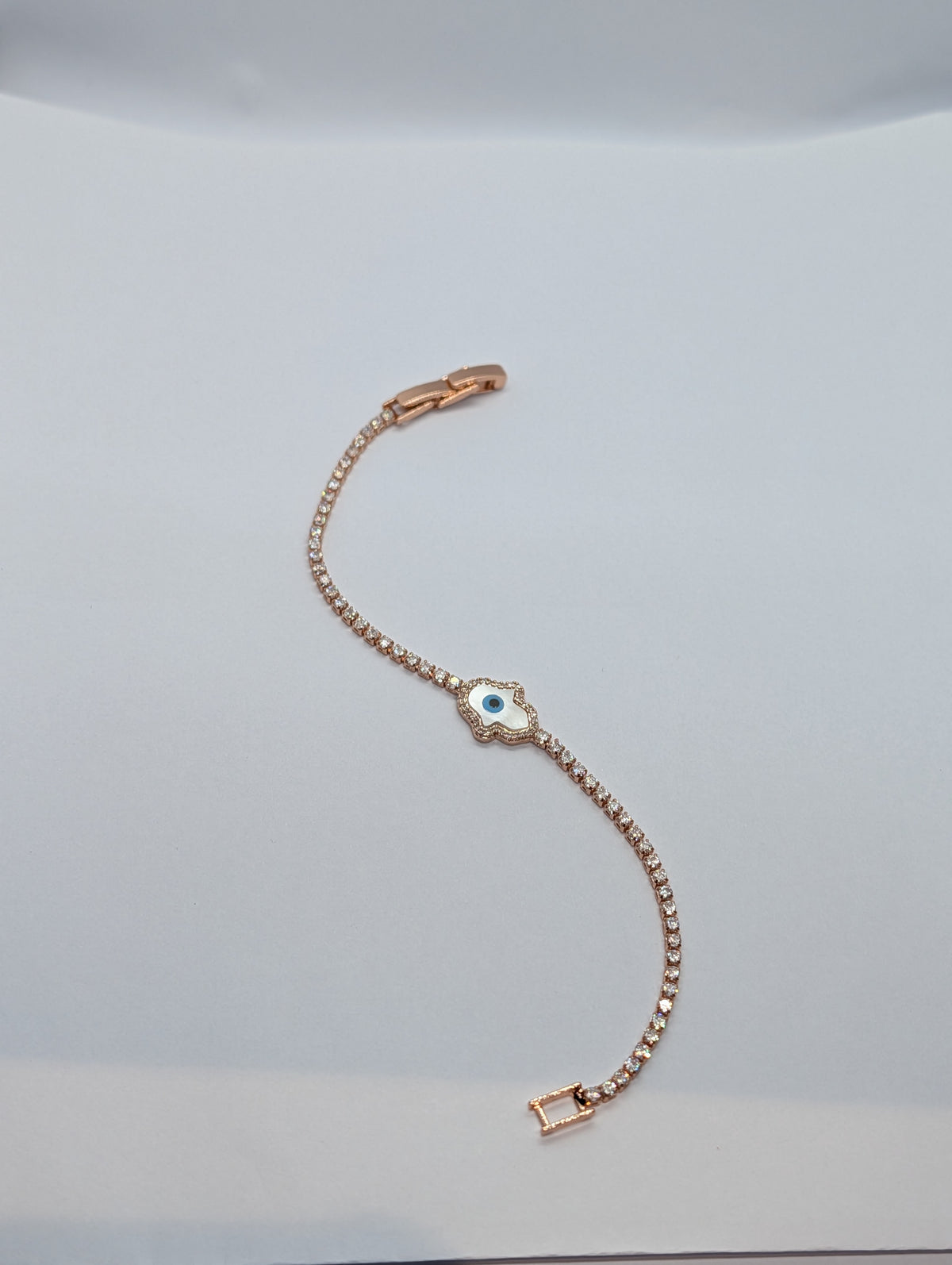 Hamsa Evil Eye CZ Tennis Bracelet - Rose Gold full length detail view