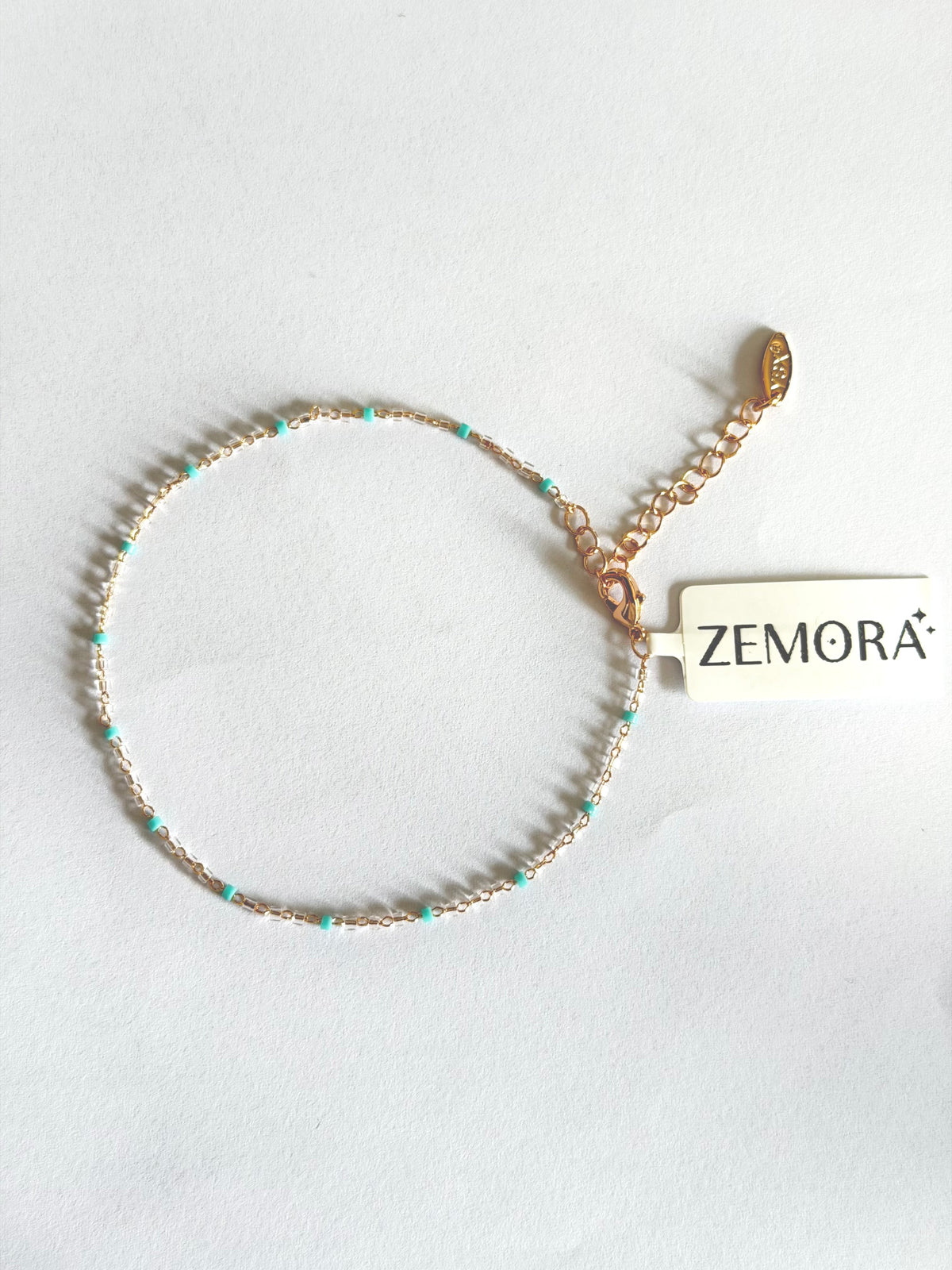 Mint Enamel Bead Chain Anklet - Gold tone full view with Zemora tag