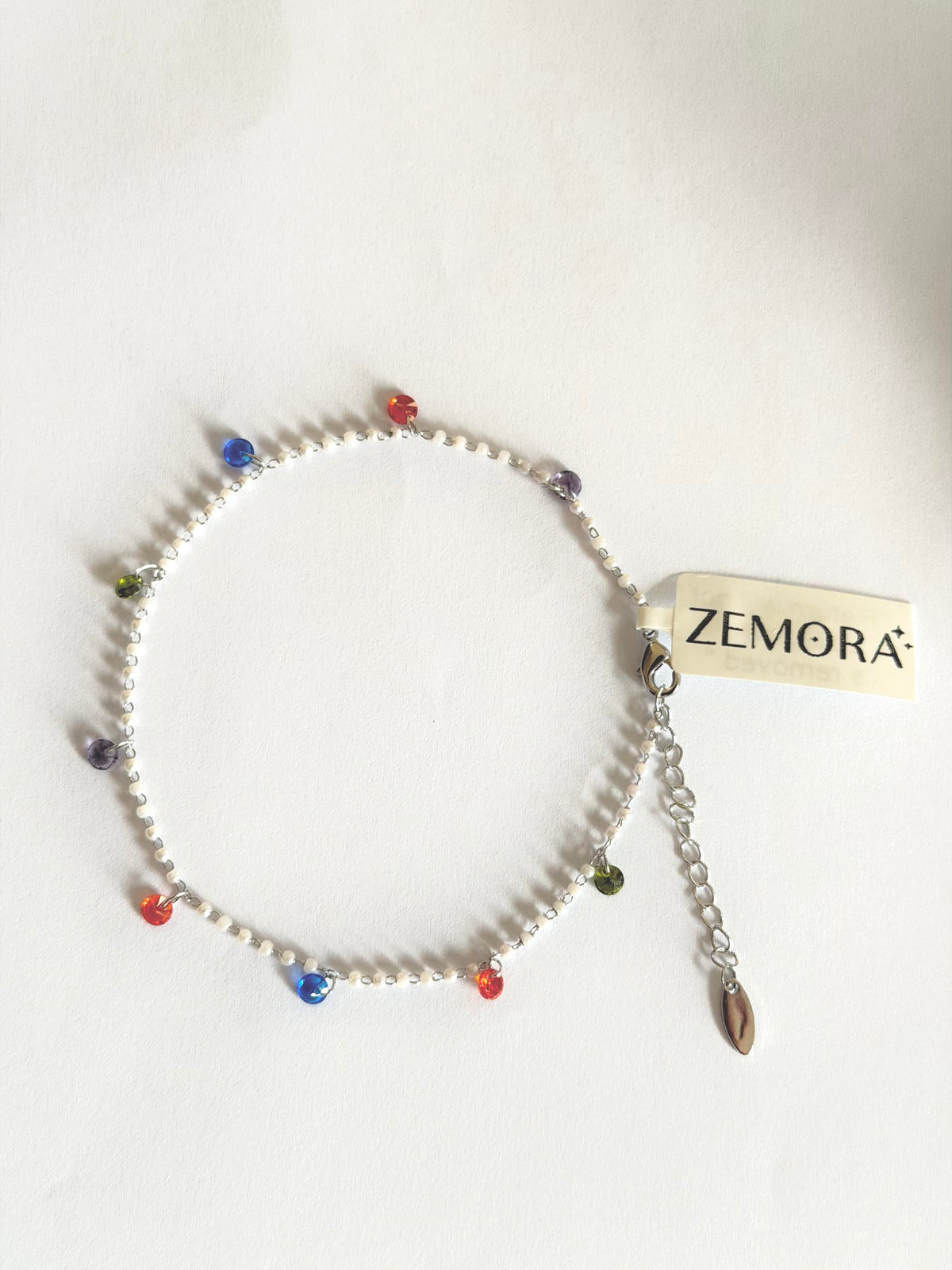 Multicolour CZ Drop Ball Chain Anklet - Silver tone full view with Zemora tag