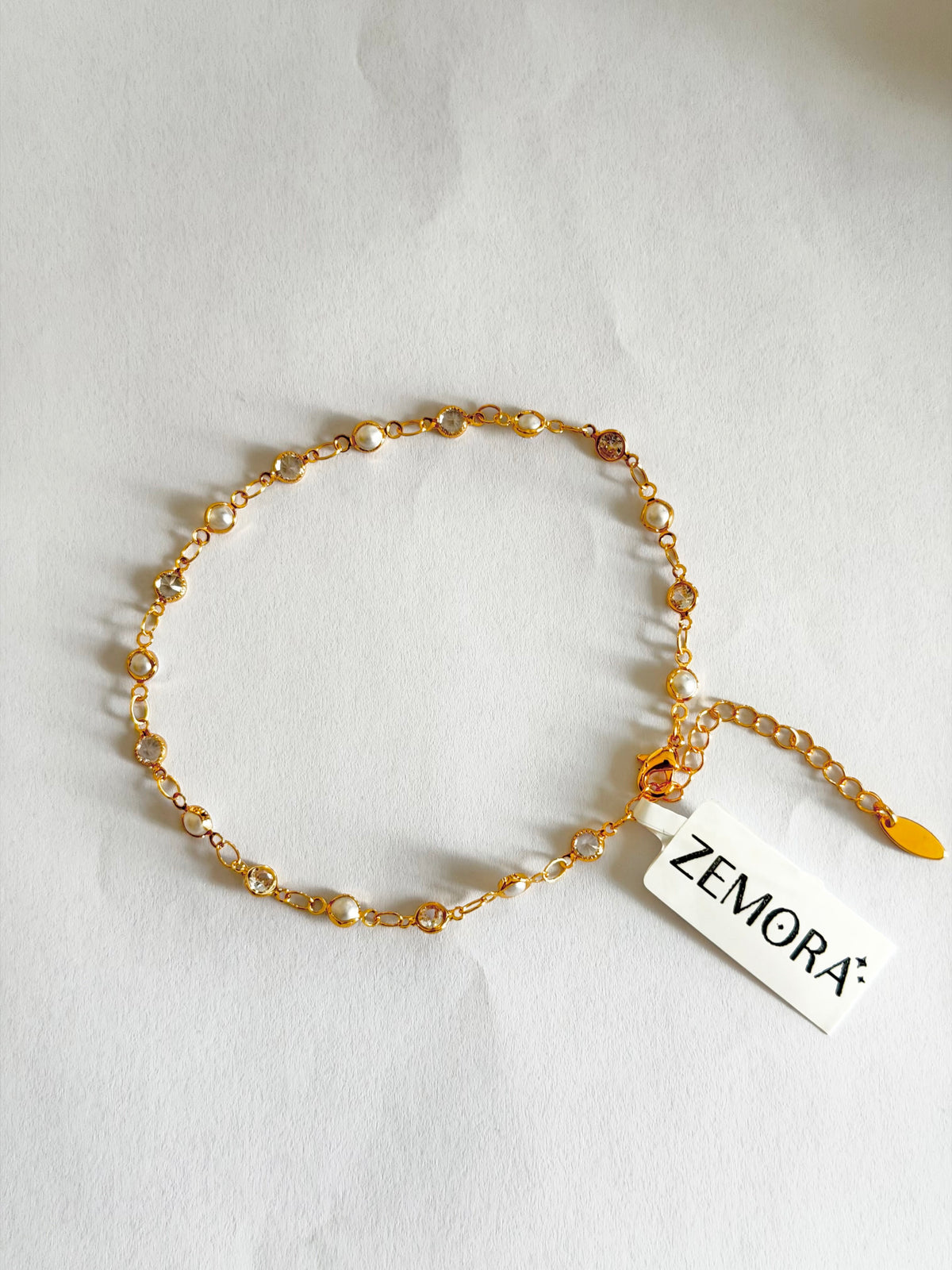 Pearl & CZ Bezel Station Gold Anklet - full view with Zemora tag