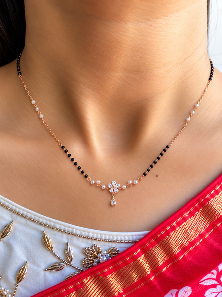 Marquise Flower & Pearl Drop Mangalsutra Set with Earrings