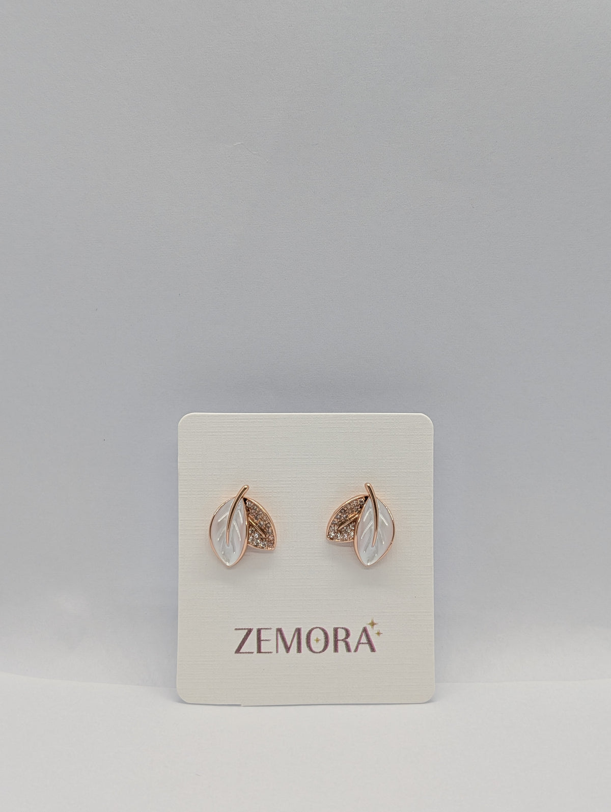 Mother of Pearl CZ Leaf Stud Earrings - Rose Gold tone on Zemora display card