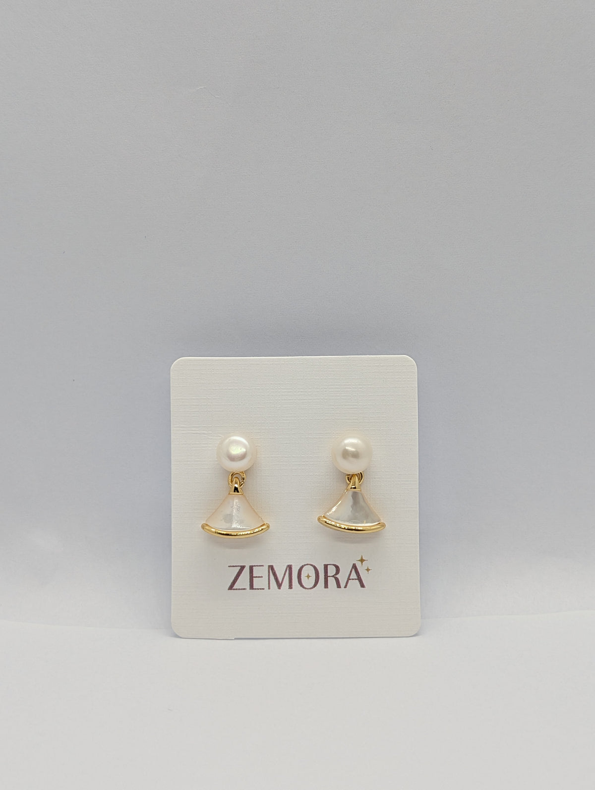 Pearl & Mother of Pearl Fan Drop Earrings - Gold tone on Zemora display card