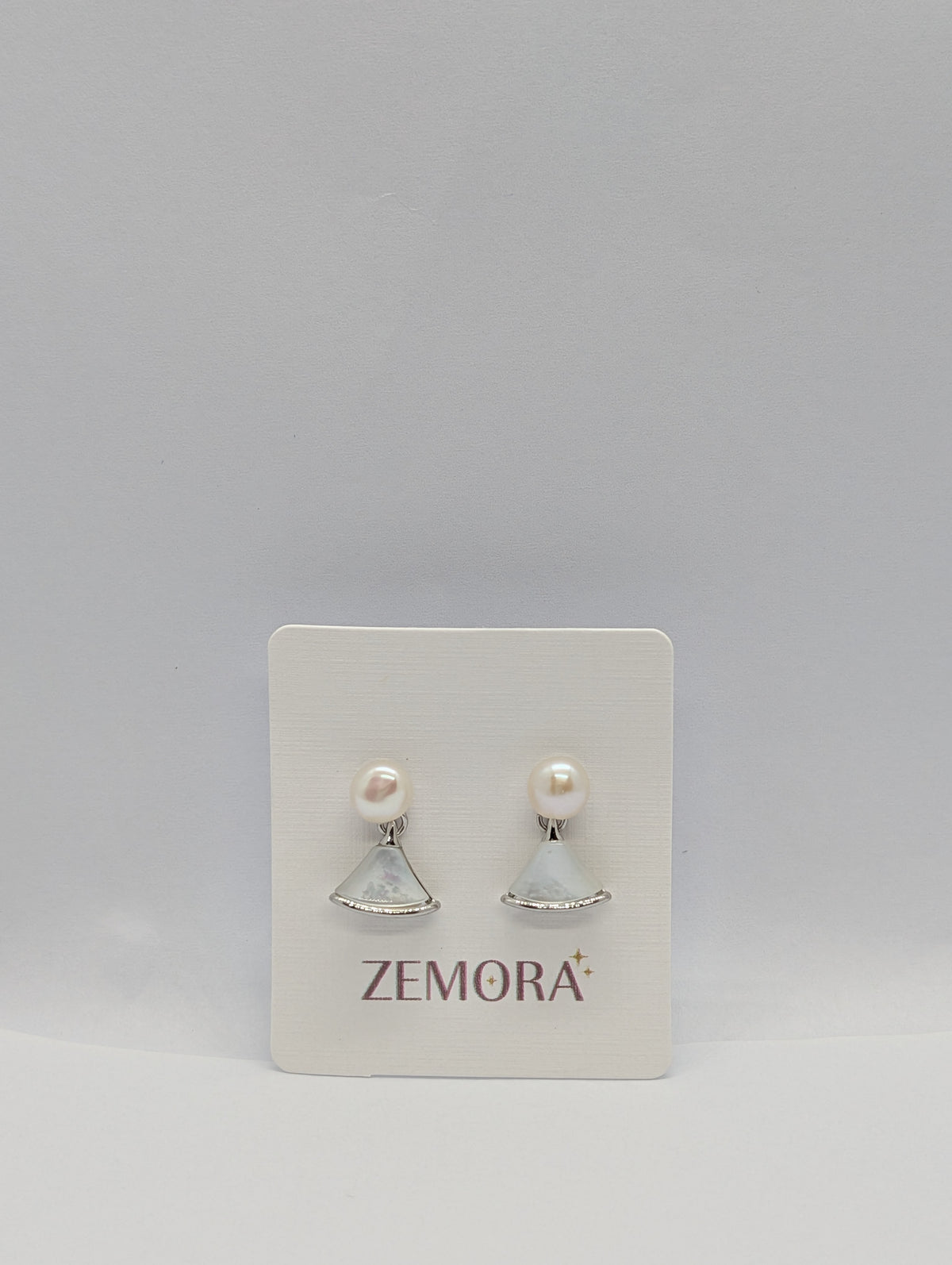 Pearl & Mother of Pearl Fan Drop Earrings - Silver tone on Zemora display card