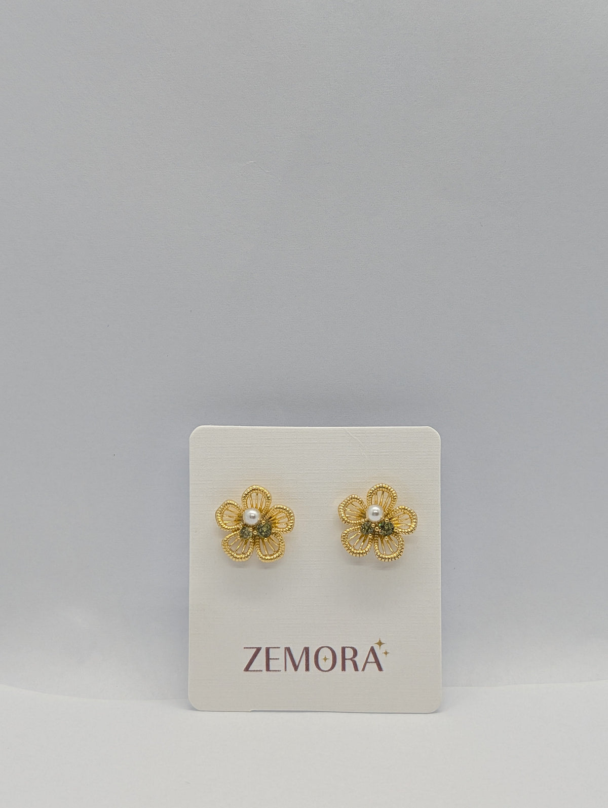 Filigree Flower Pearl Peridot CZ Stud Earrings - Gold tone on Zemora display card