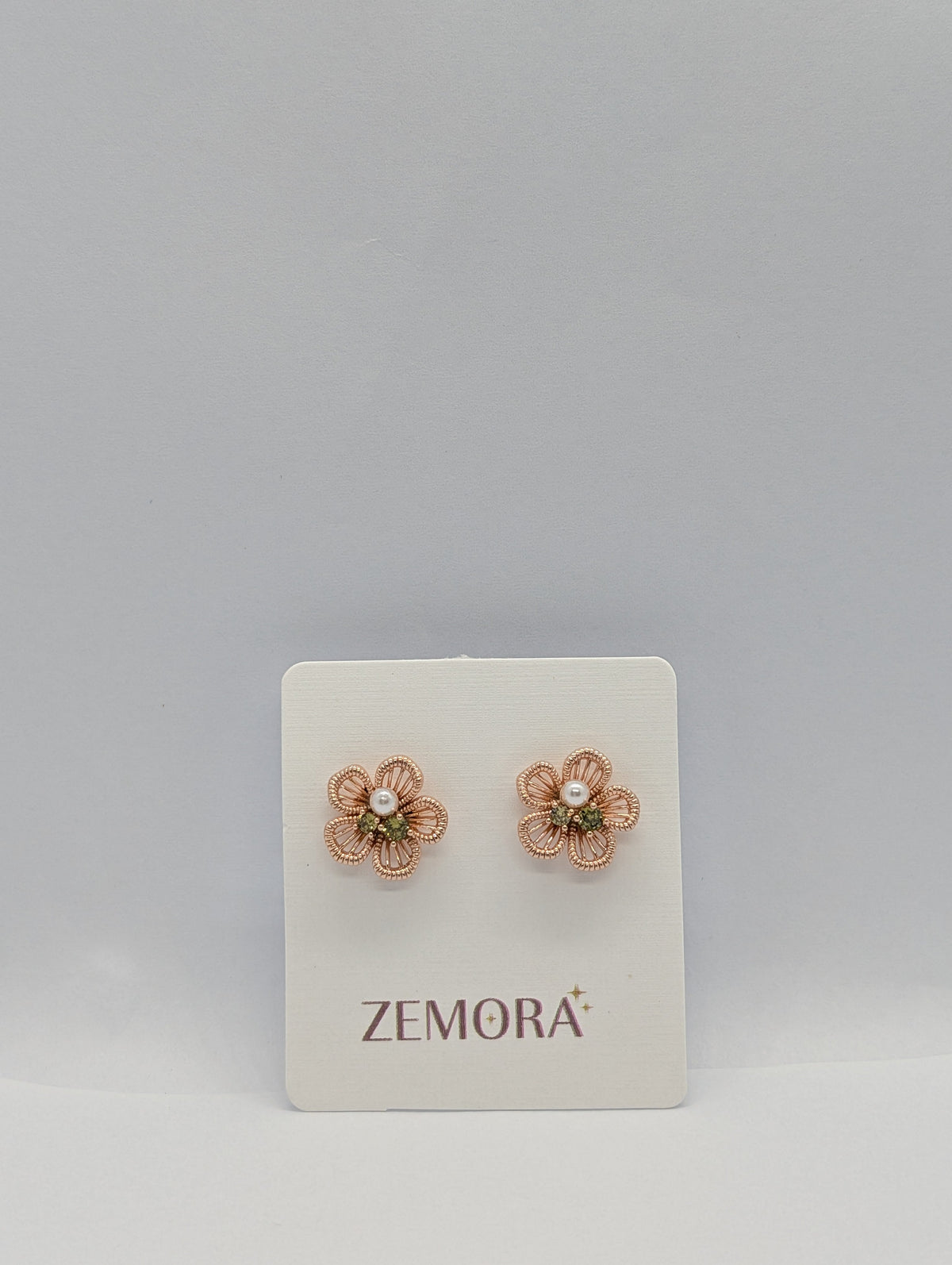 Filigree Flower Pearl Peridot CZ Stud Earrings - Rose Gold tone on Zemora display card