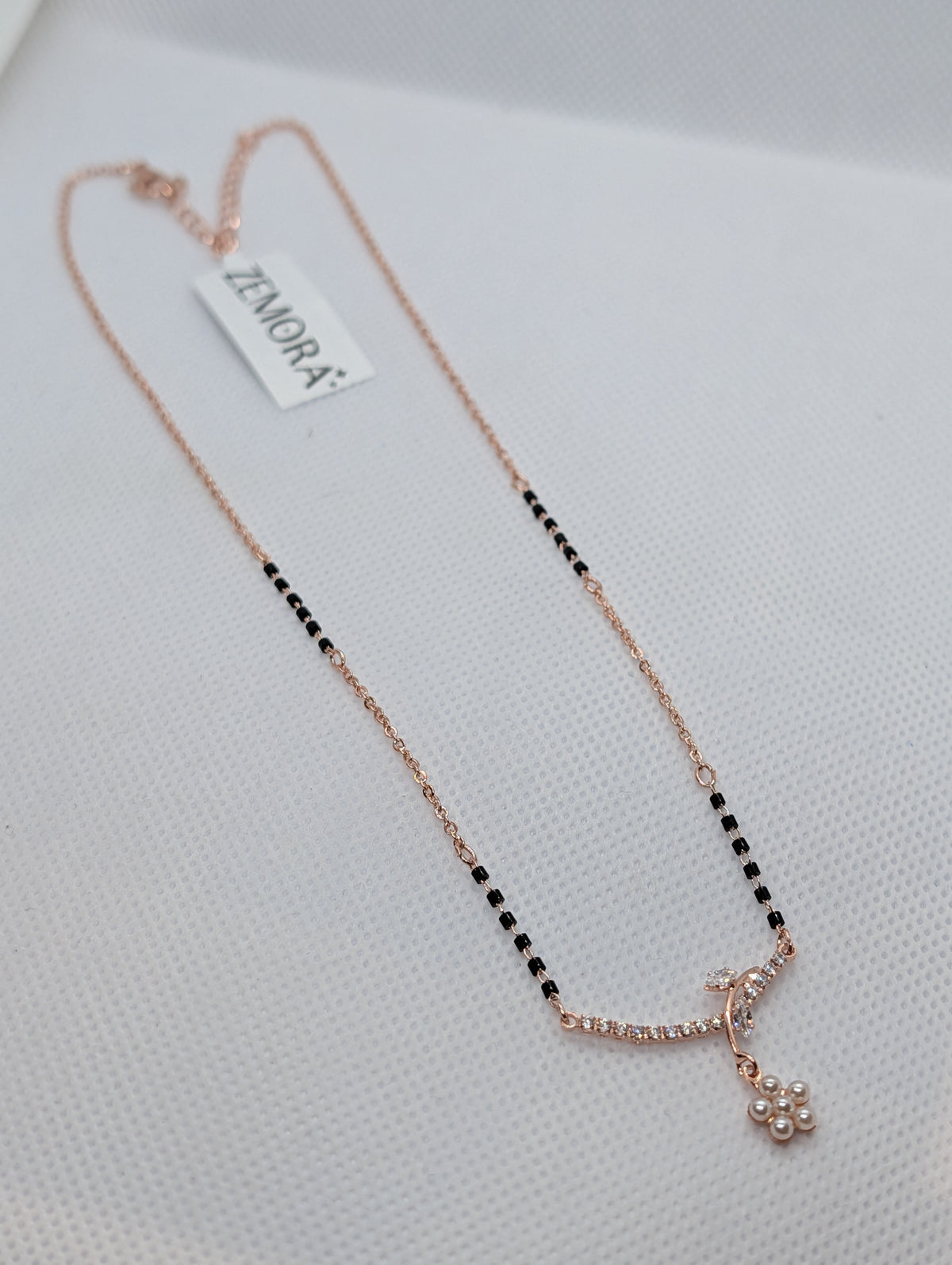 CZ Bar Pearl Flower Drop Mangalsutra Set - full view with earrings