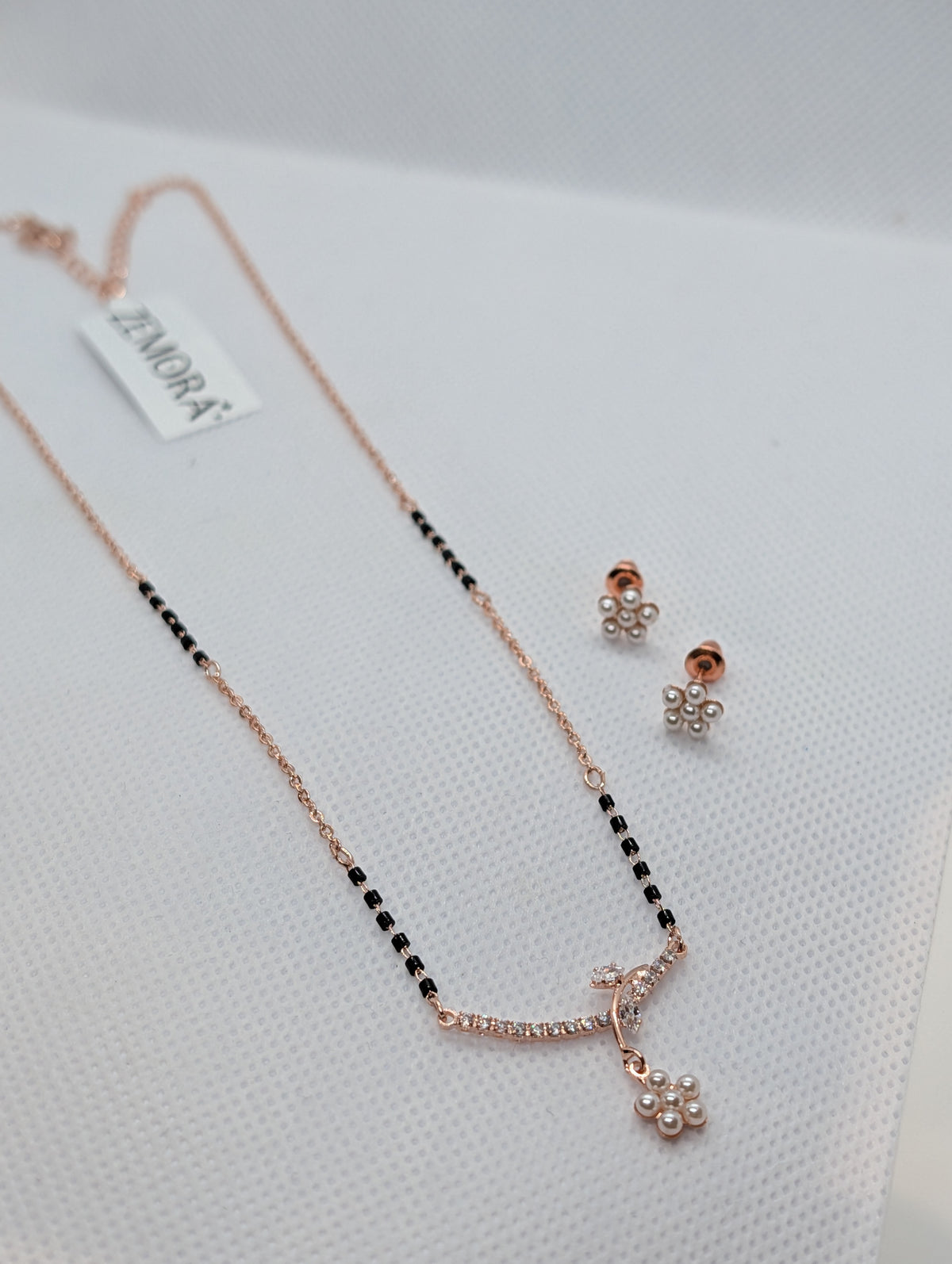 CZ Bar Pearl Flower Drop Mangalsutra Set - pendant close up with earrings