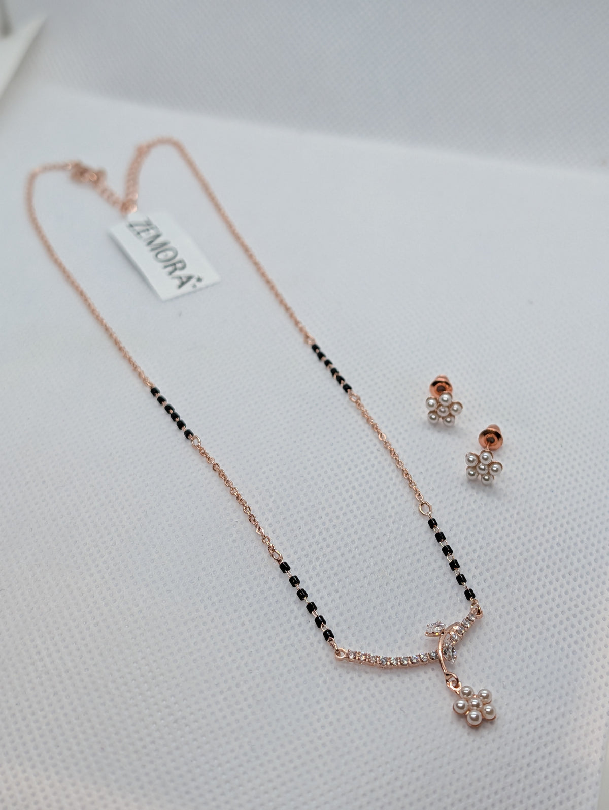 CZ Bar Pearl Flower Drop Mangalsutra Set - pendant detail close up