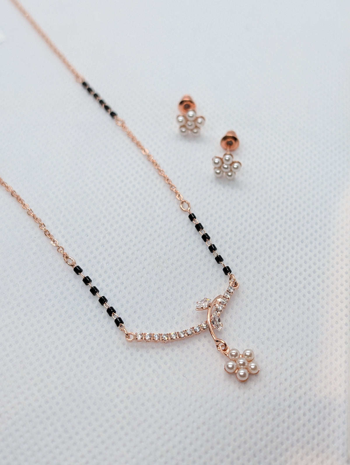 CZ Bar Pearl Flower Drop Mangalsutra Set - full layout with earrings