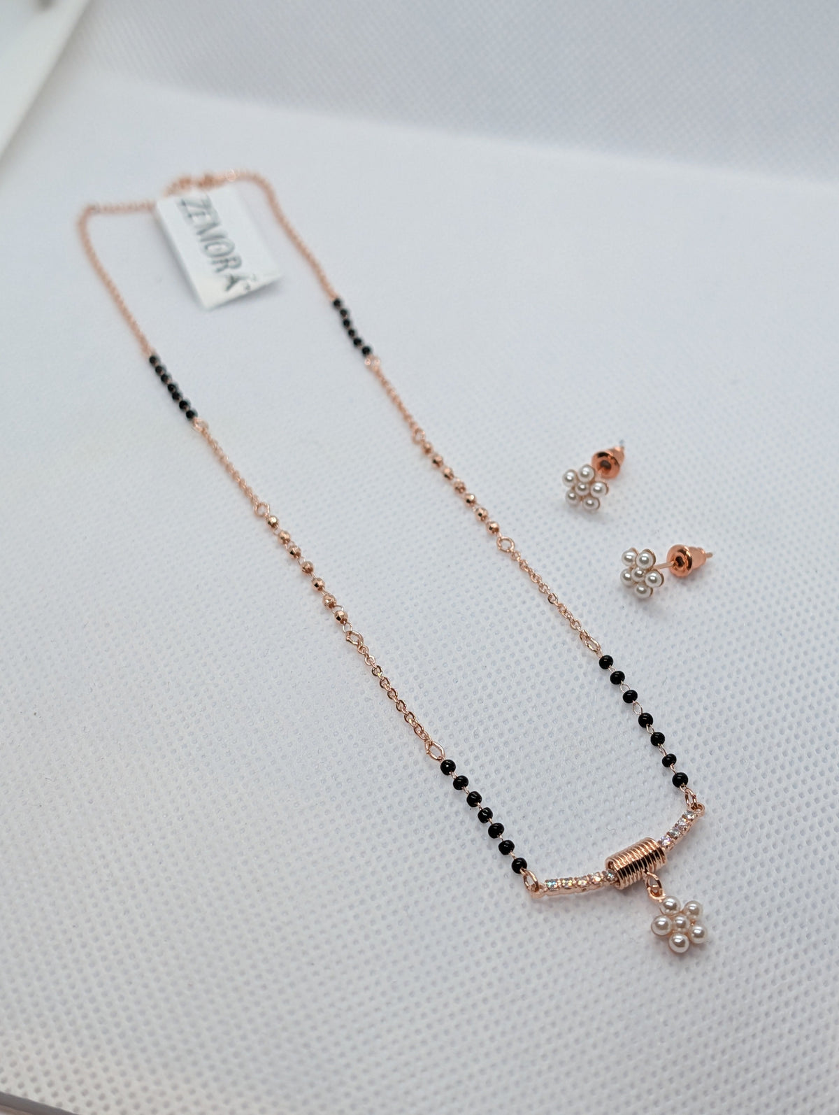 CZ Bar Pearl Flower Cluster Mangalsutra Set - Silver tone full view with earrings