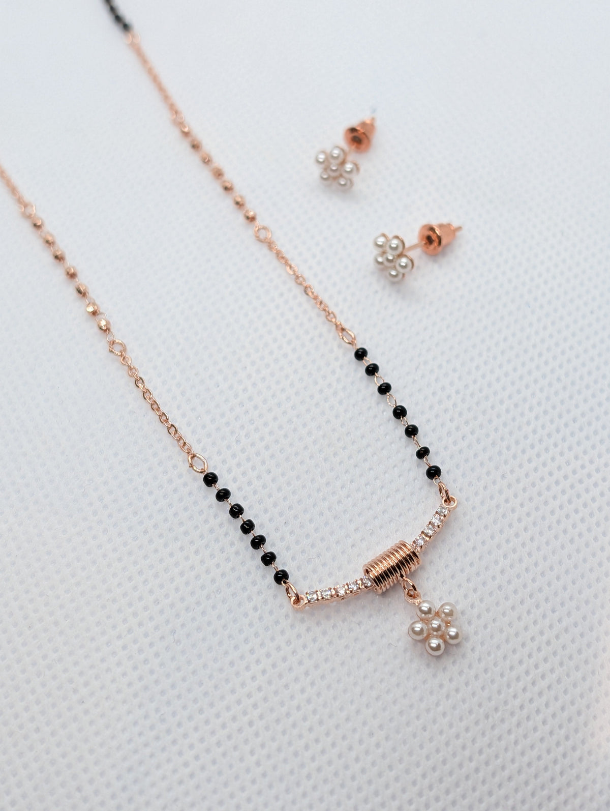 CZ Bar Pearl Flower Cluster Mangalsutra Set - Silver tone pendant close up with earrings