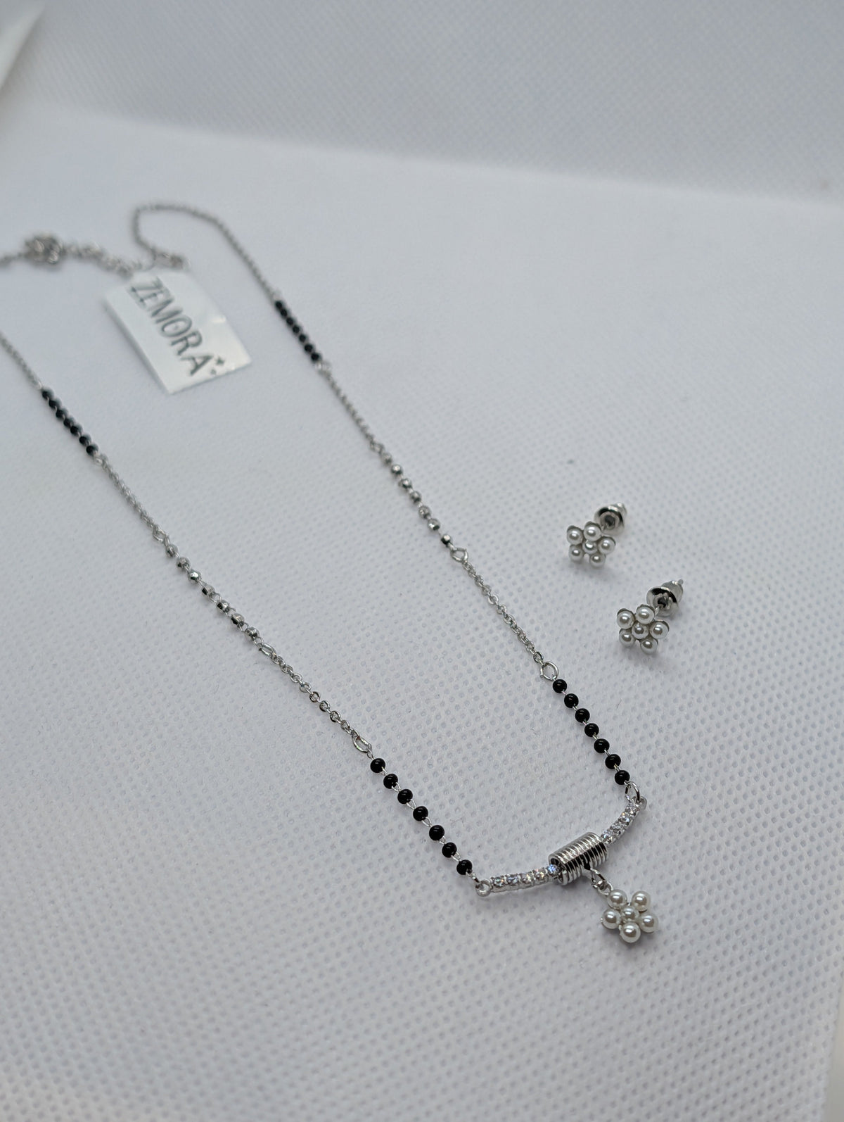 CZ Bar Pearl Flower Cluster Mangalsutra Set - Gold tone full view with earrings
