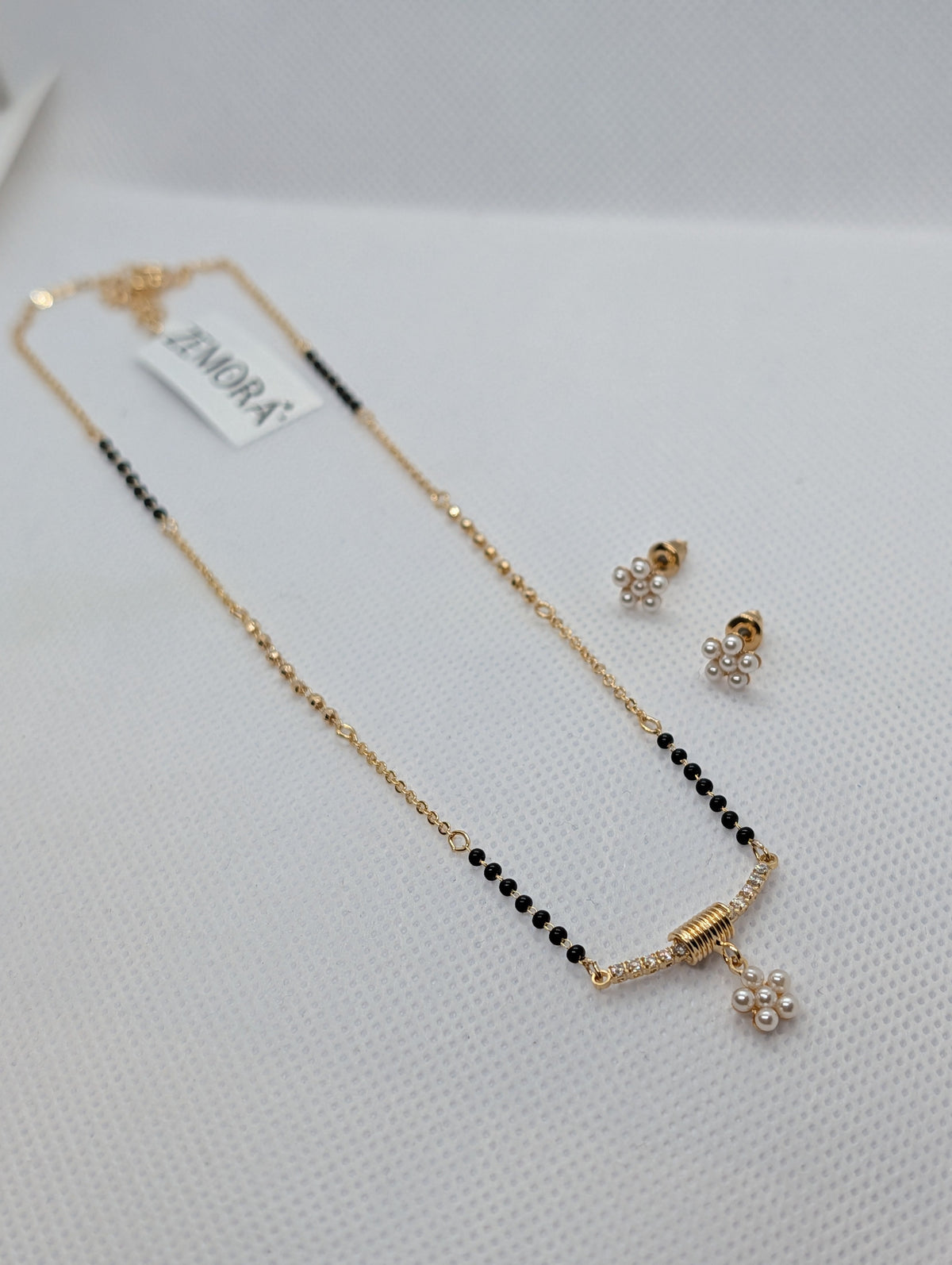 CZ Bar Pearl Flower Cluster Mangalsutra Set - Gold tone full length view