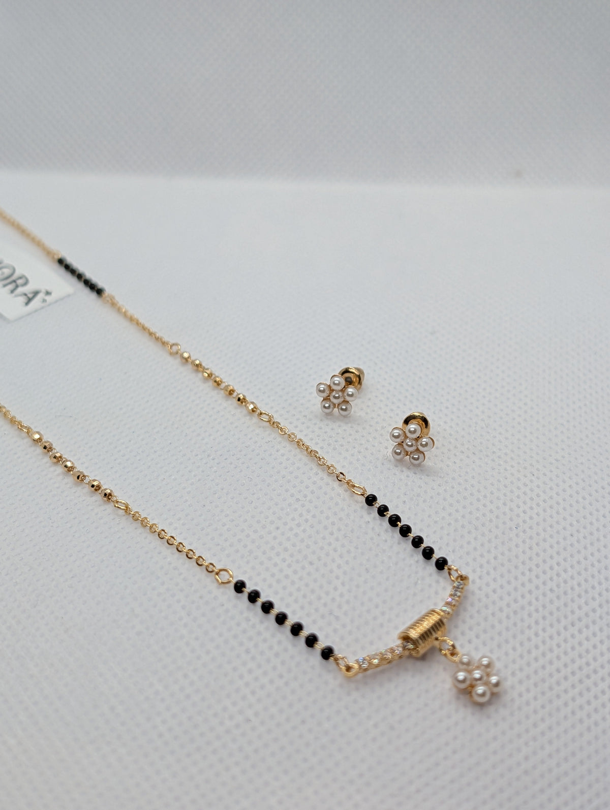 CZ Bar Pearl Flower Cluster Mangalsutra Set - Gold tone chain detail