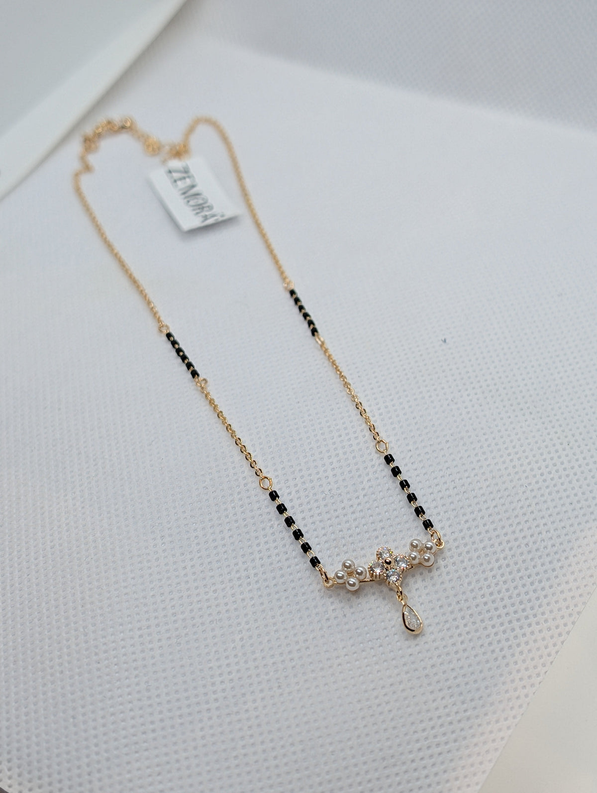 CZ Flower Pearl Cluster Drop Mangalsutra Set - Gold tone full view with earrings