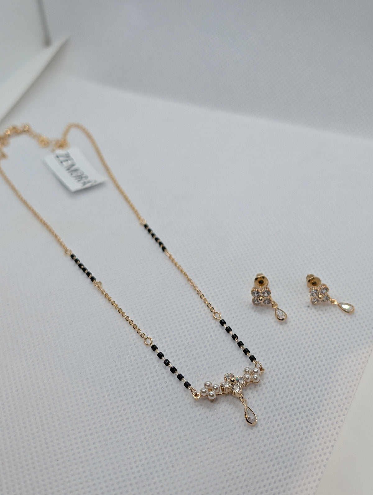 CZ Flower Pearl Cluster Drop Mangalsutra Set - Rose Gold tone full view with earrings