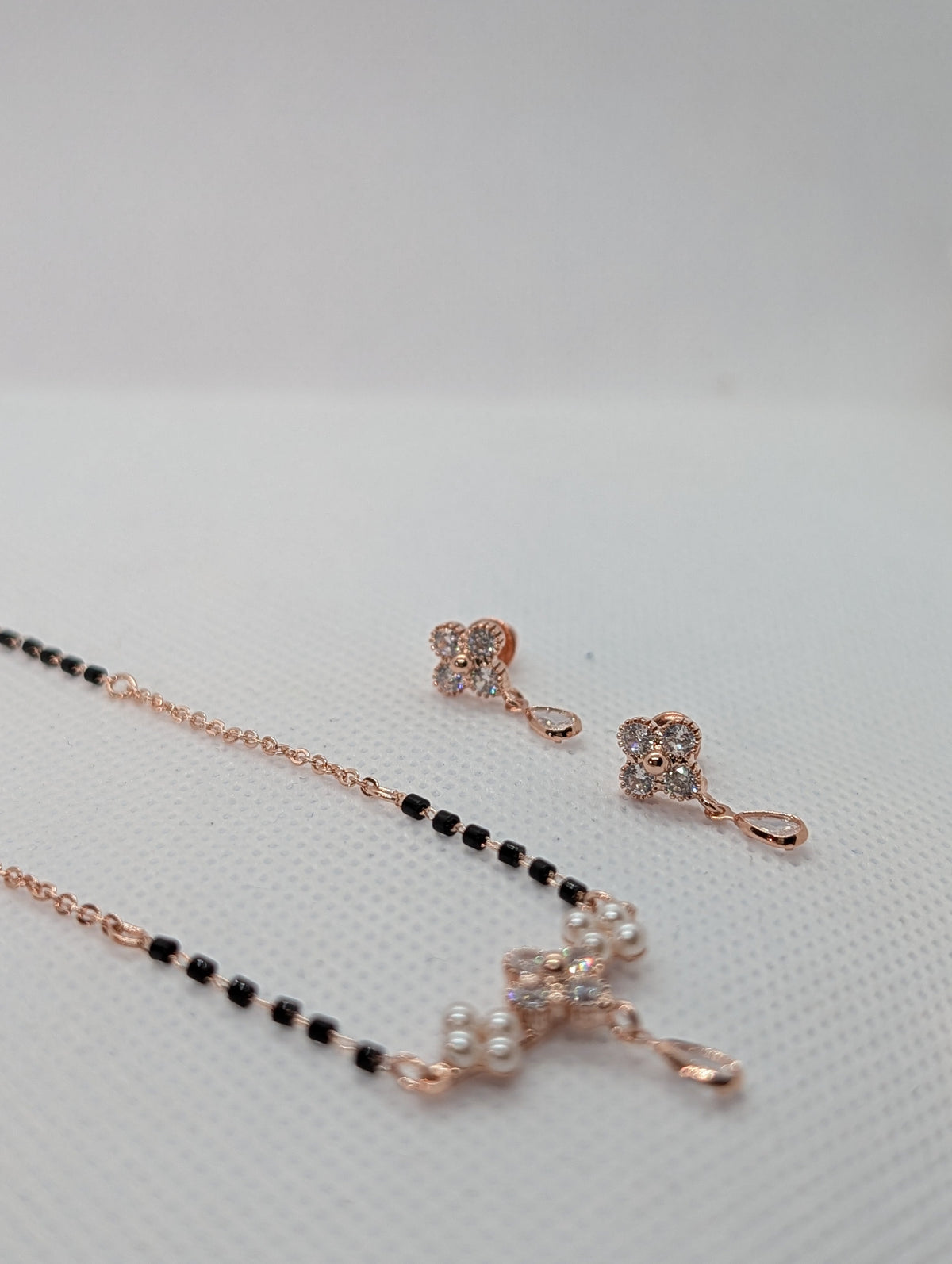 CZ Flower Pearl Cluster Drop Mangalsutra Set - Rose Gold tone full view with Zemora tag