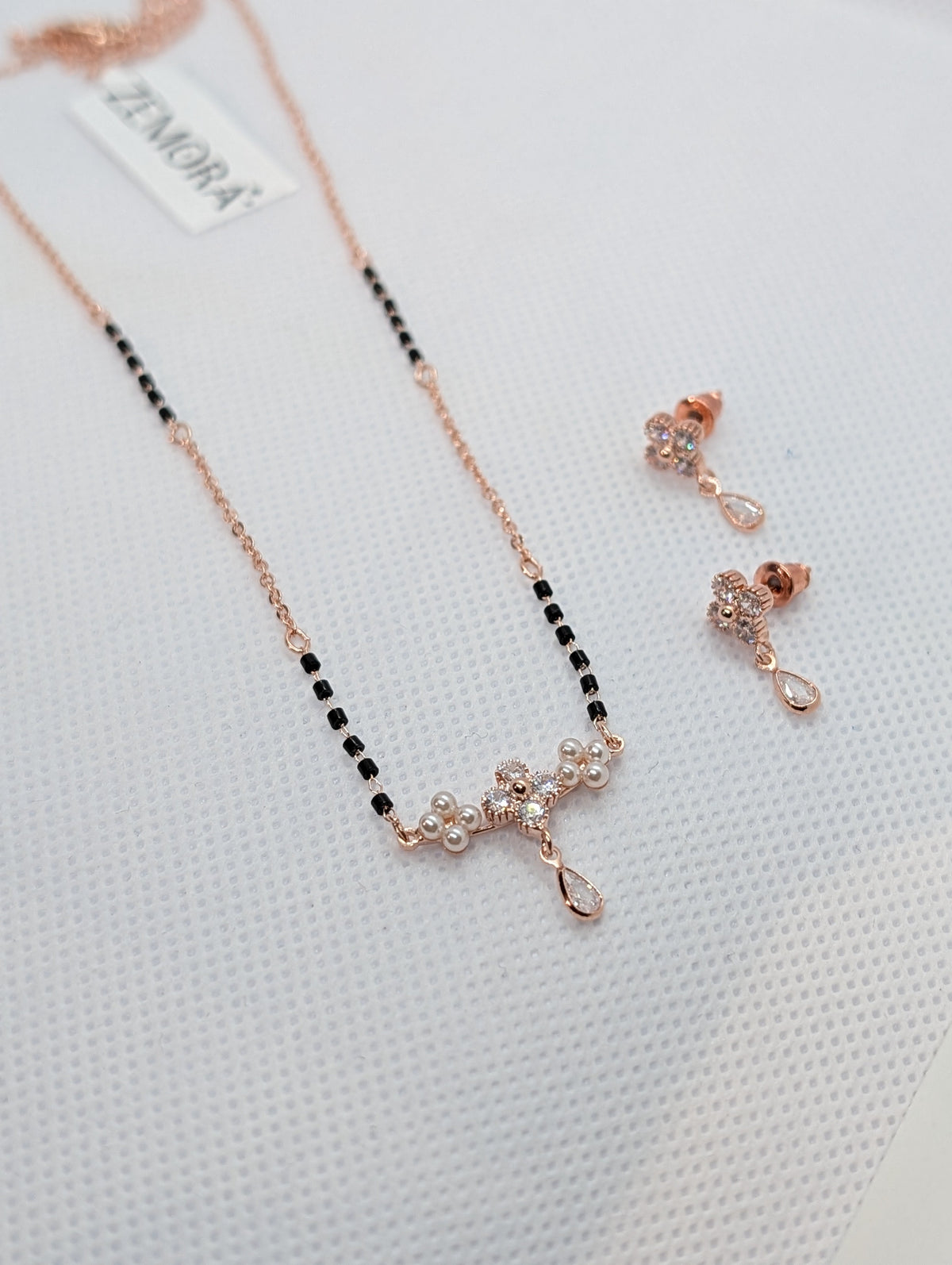 CZ Flower Pearl Cluster Drop Mangalsutra Set - Rose Gold tone full length view