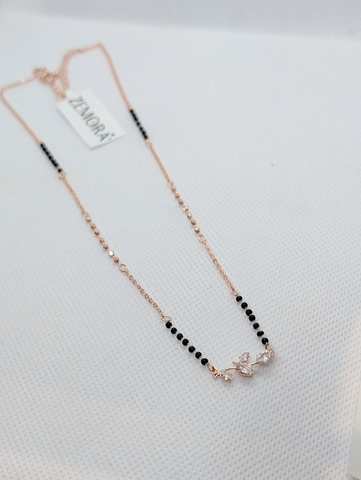 CZ Marquise Leaf Branch Mangalsutra - Gold tone close up pendant view on white background