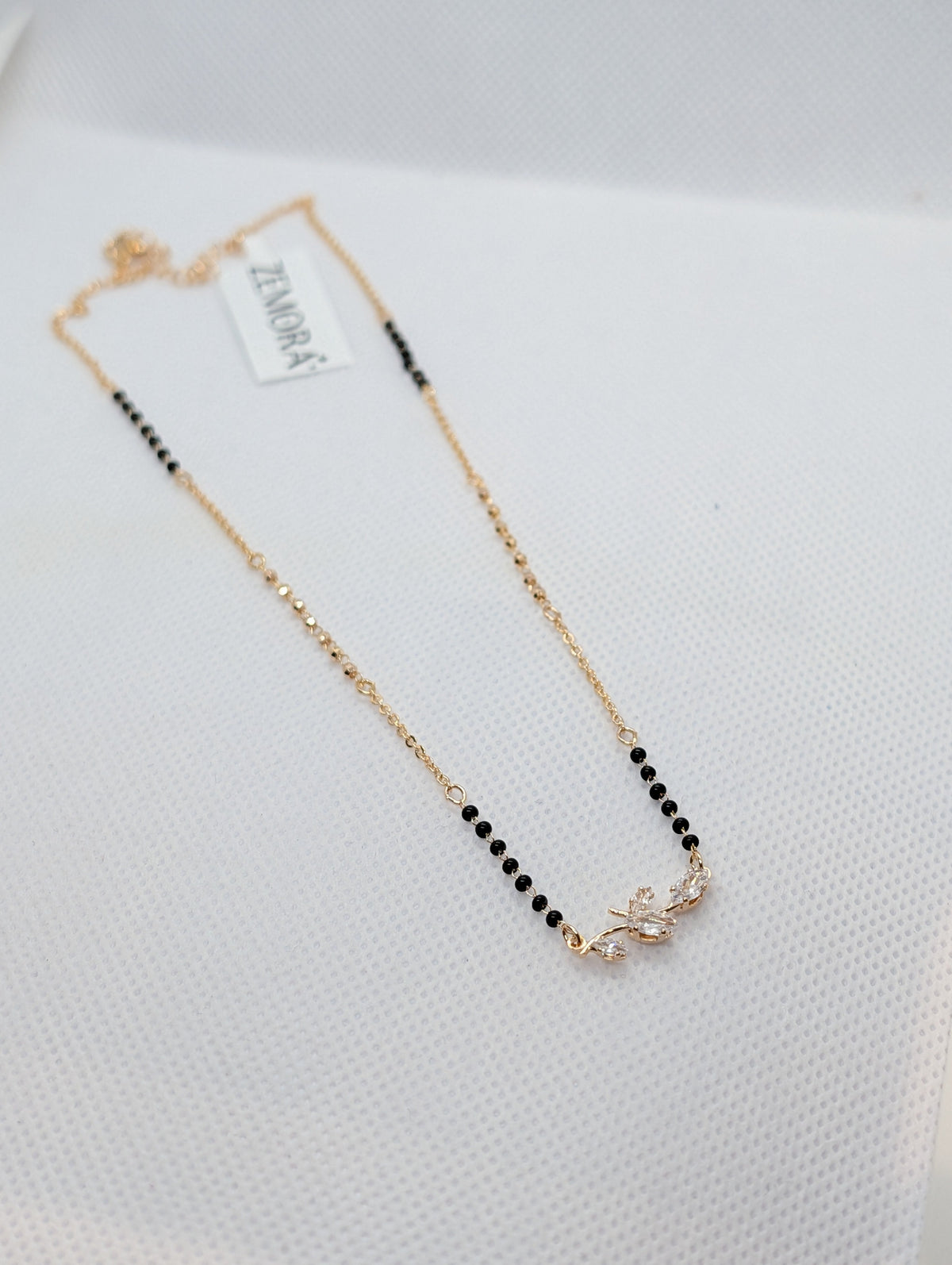 CZ Marquise Leaf Branch Mangalsutra - Rose Gold tone close up pendant view on white background