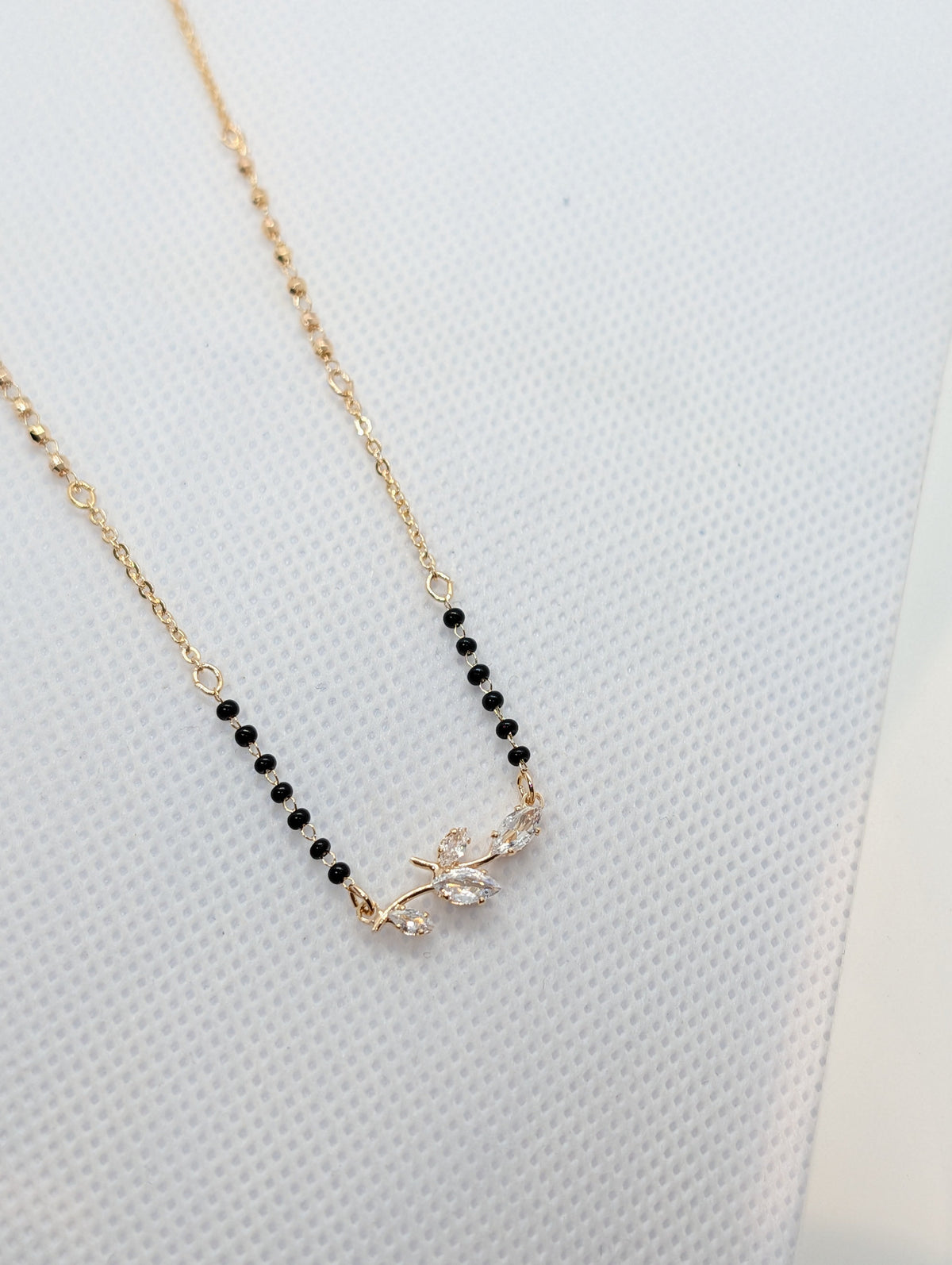 CZ Marquise Leaf Branch Mangalsutra - Rose Gold tone full length angle view on white background