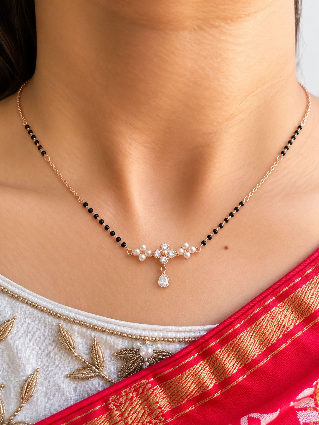 Flower & Pearl Cluster Drop Mangalsutra
