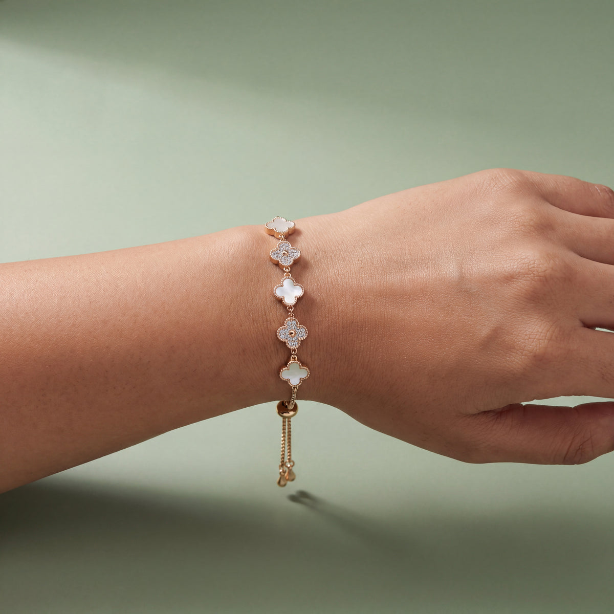 4-Clover Mother of Pearl & CZ Adjustable Bracelet