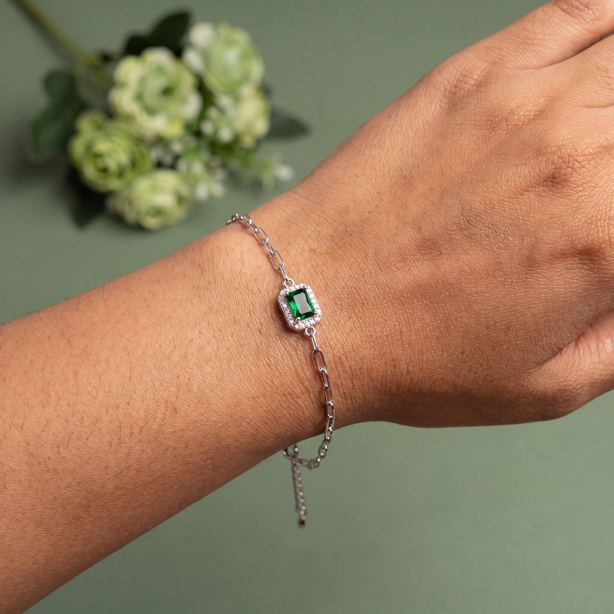Emerald CZ Halo Rectangle Bracelet