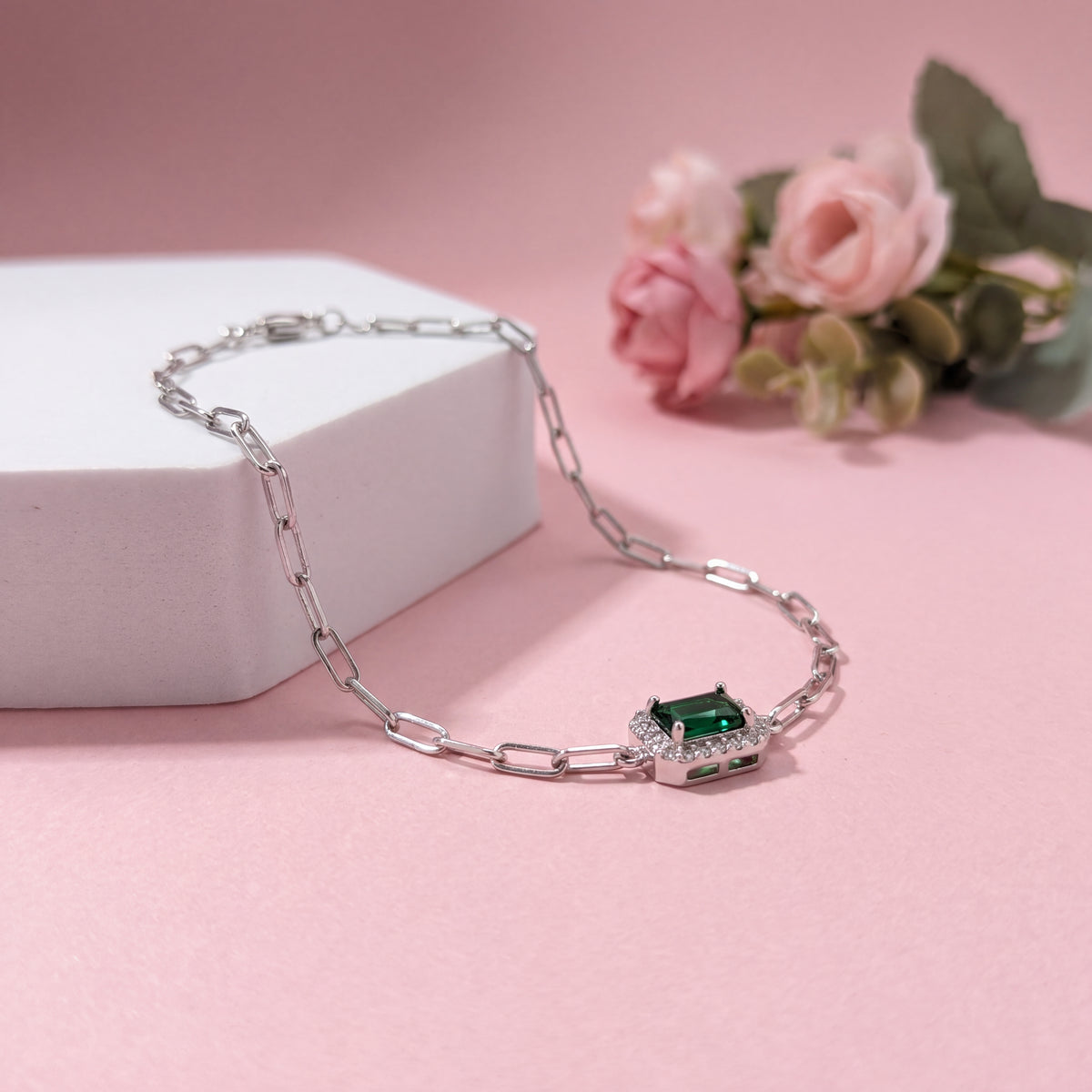 Emerald CZ Halo Rectangle Bracelet