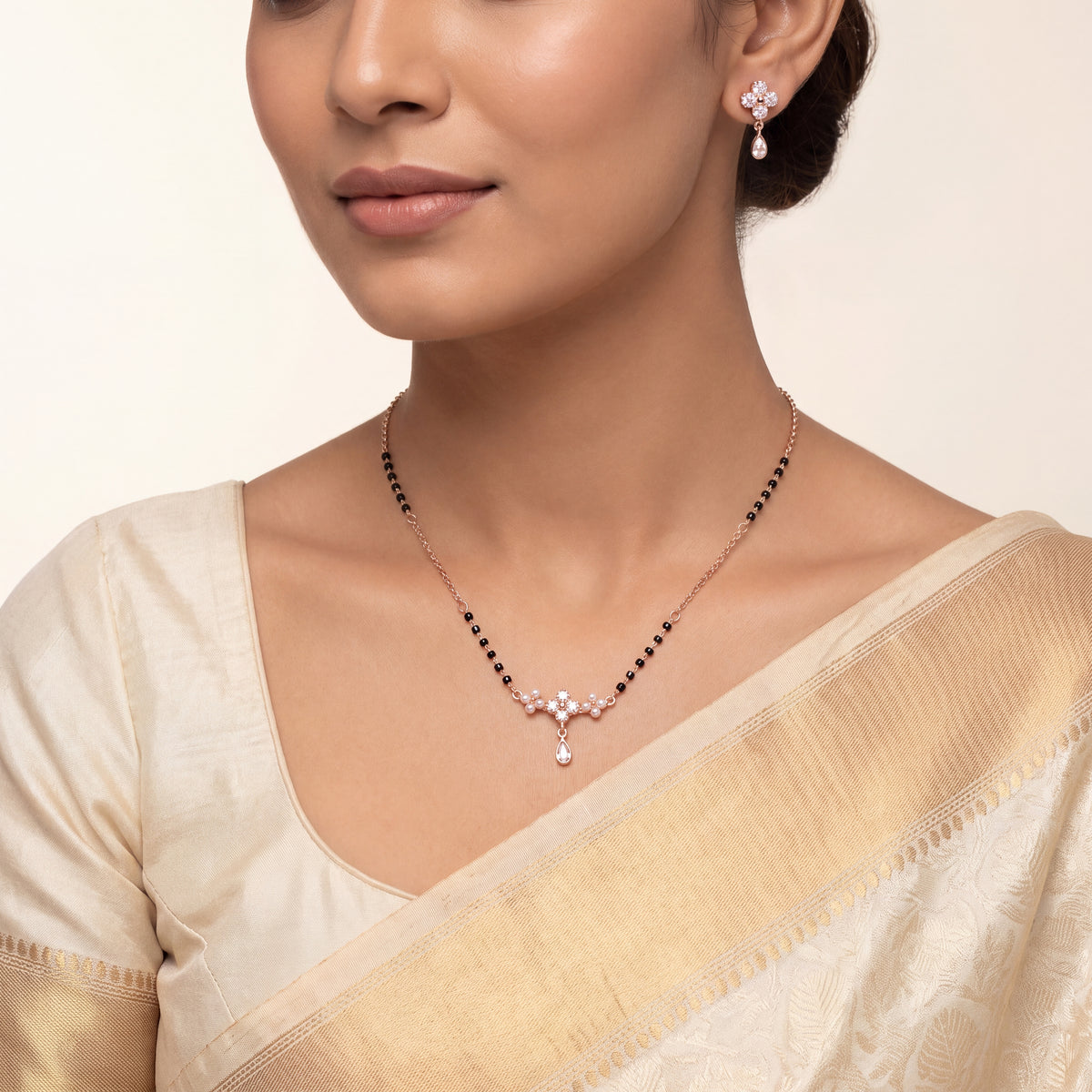 Flower & Pearl Cluster Drop Mangalsutra