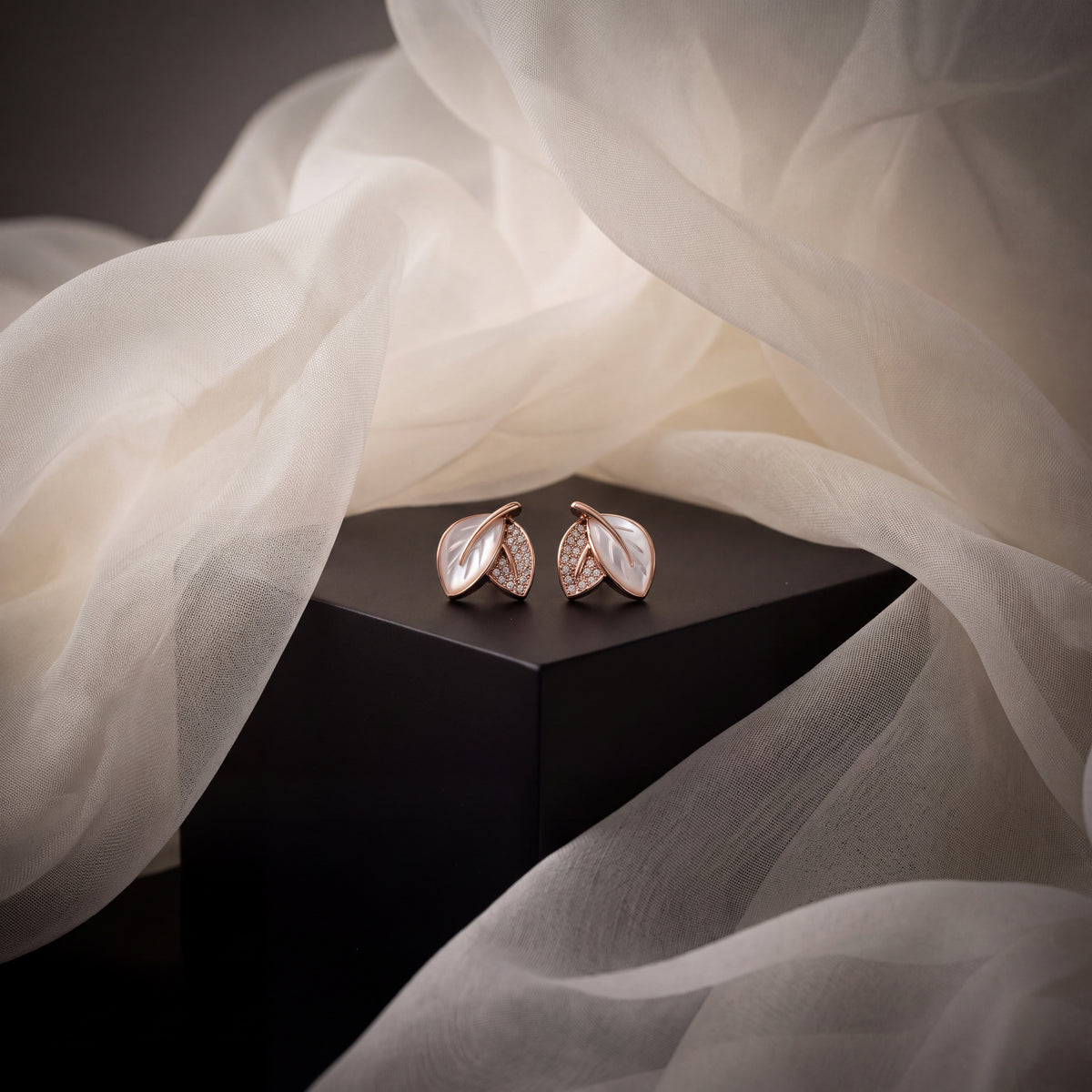 Mother of Pearl & CZ Leaf Stud Earrings