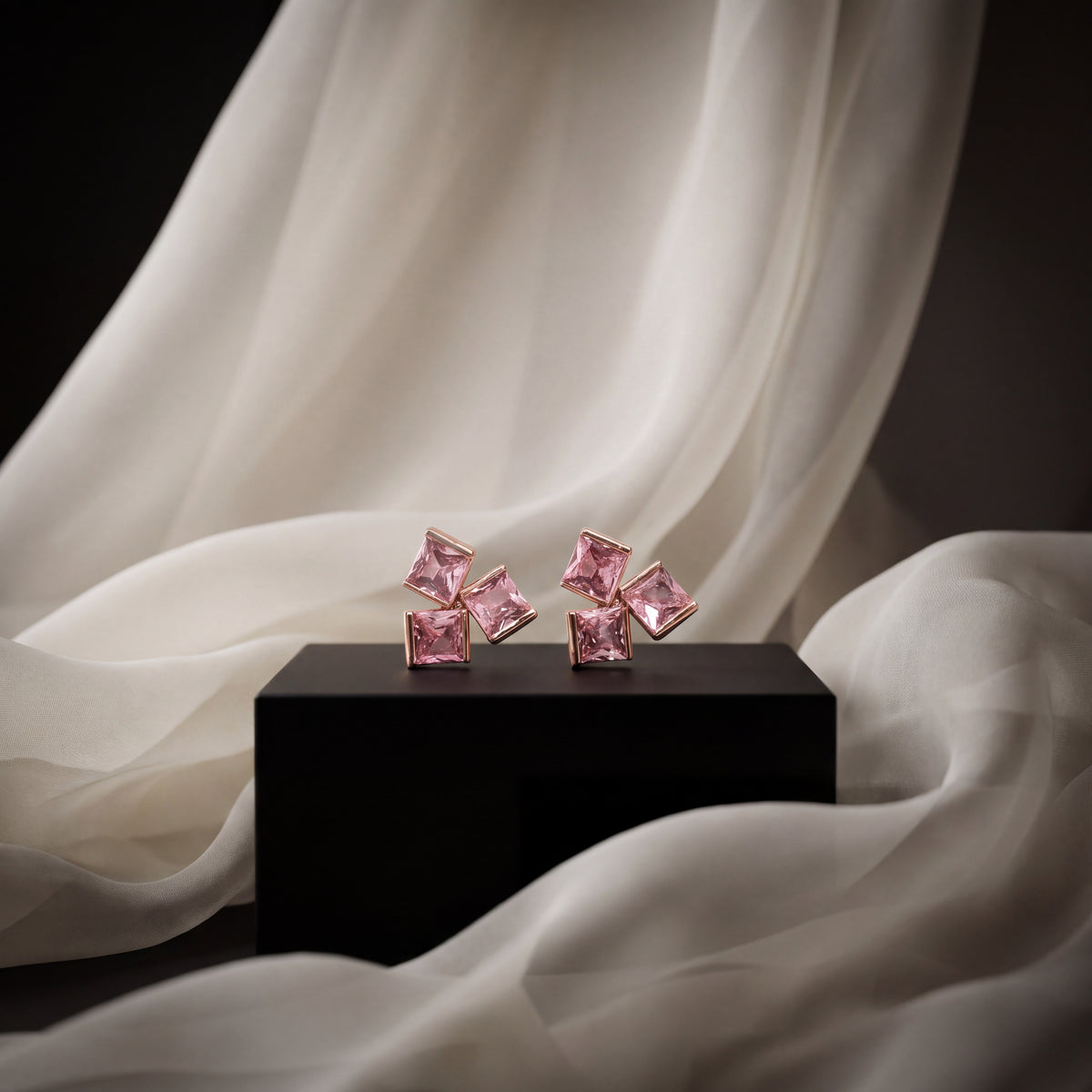 Triple Pink Square CZ Cluster Stud Earrings
