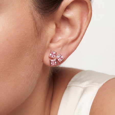 Triple Pink Square CZ Cluster Stud Earrings