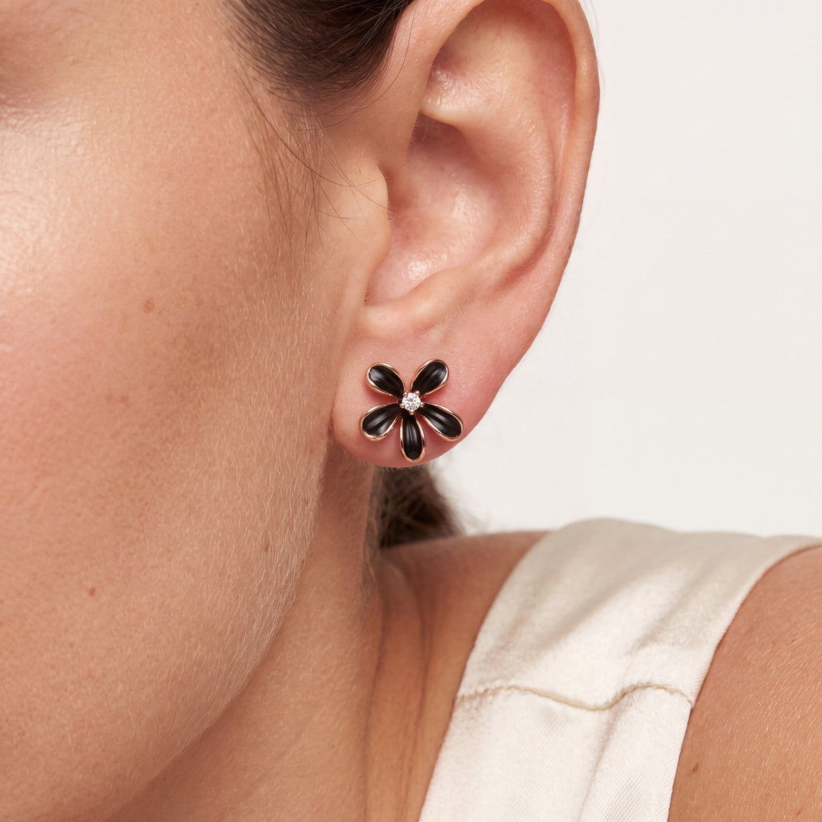 Black Enamel Daisy CZ Centre Stud Earrings