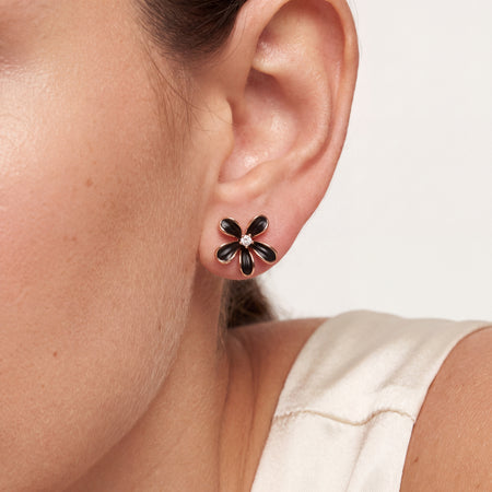Black Enamel Daisy CZ Centre Stud Earrings