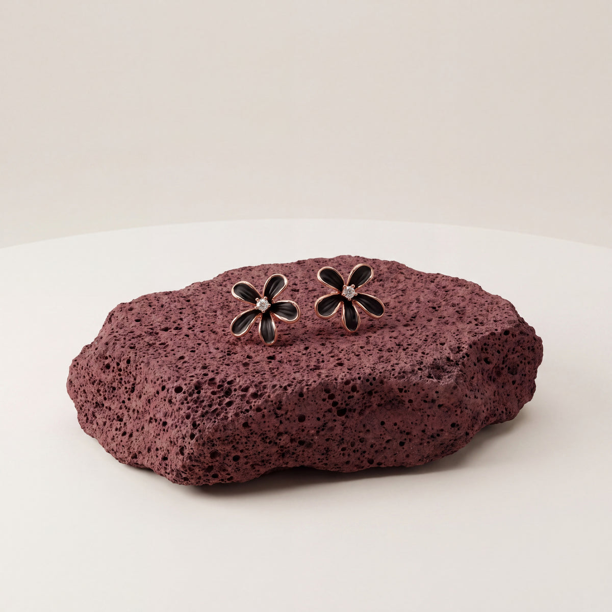 Black Enamel Daisy CZ Centre Stud Earrings