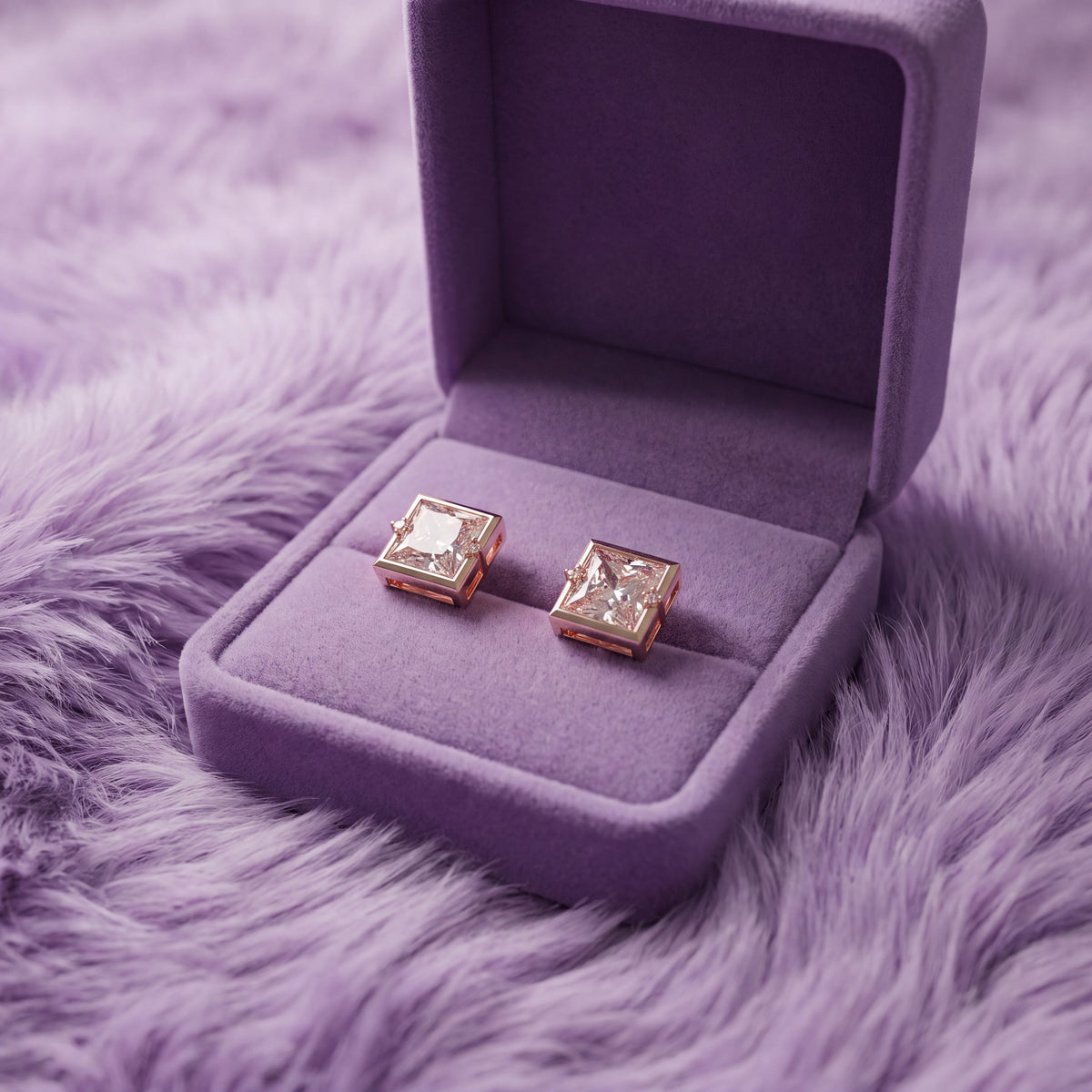 Princess Cut CZ Square Bezel Stud Earrings - Rose Gold tone pair in open lavender velvet jewellery box on plush fur background lifestyle shot