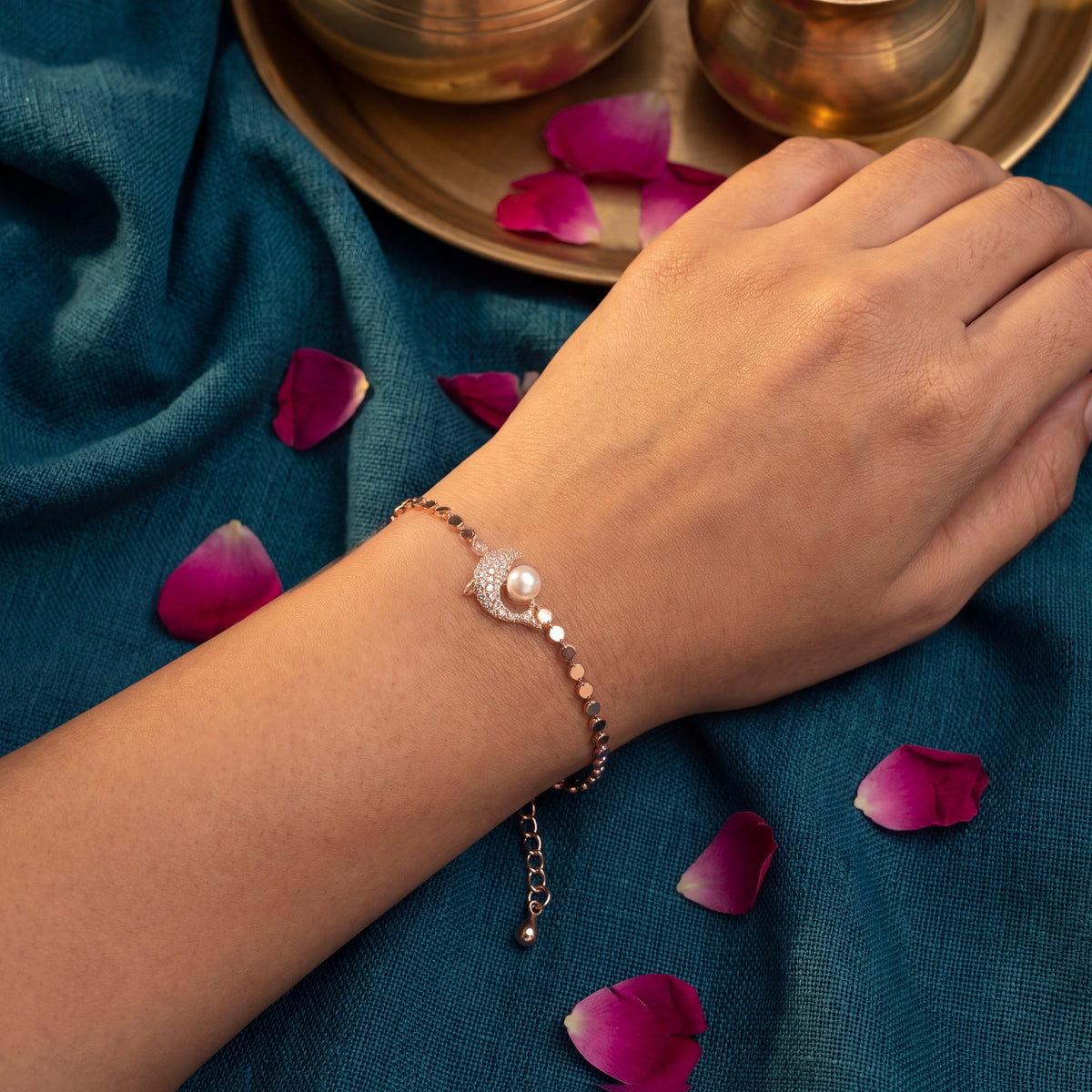 Pearl & Pavé CZ Crescent Moon Charm Sequin Chain Bracelet