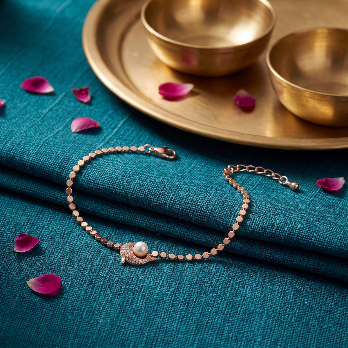 Pearl & Pavé CZ Crescent Moon Charm Sequin Chain Bracelet