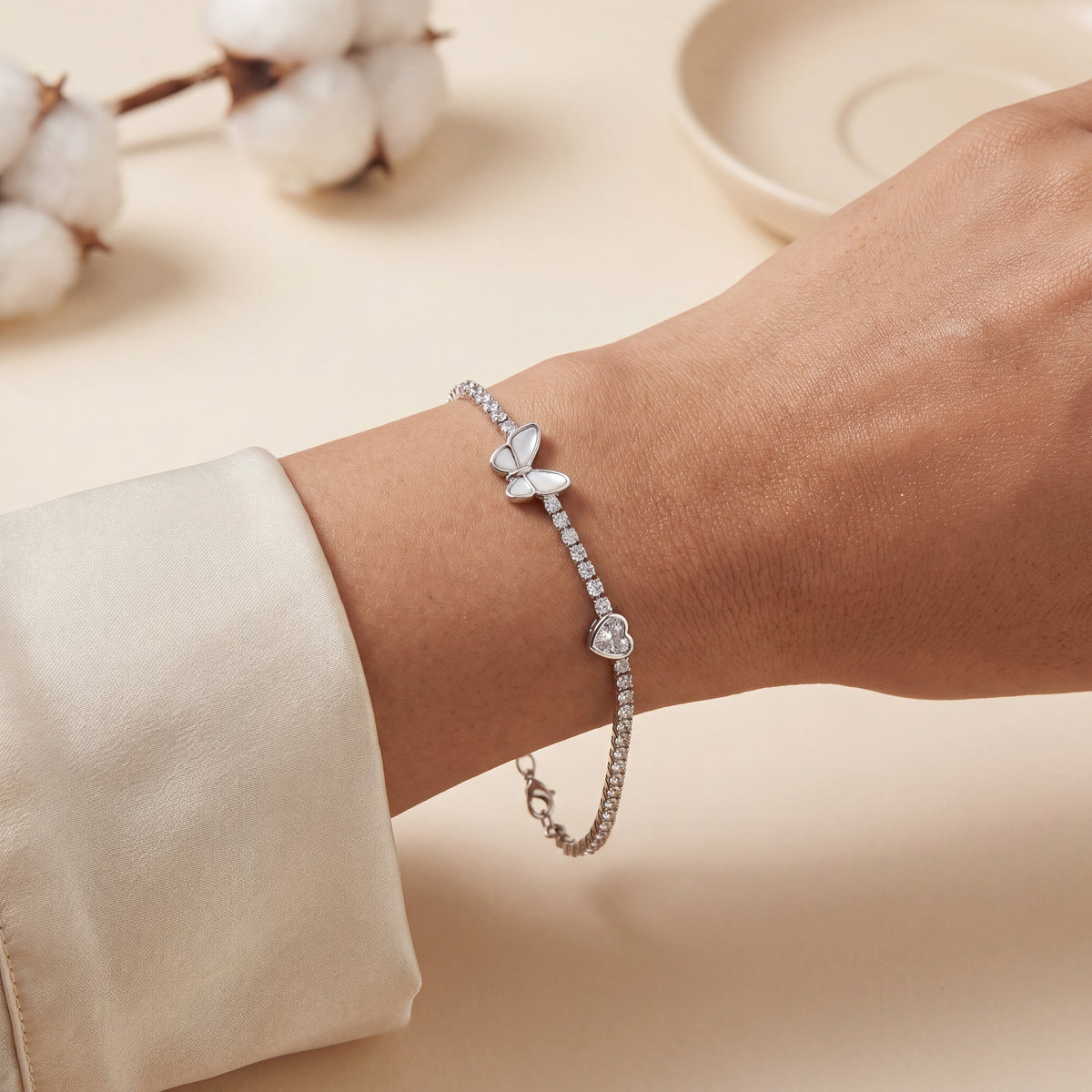 Butterfly Heart Duo Station CZ Tennis Bracelet