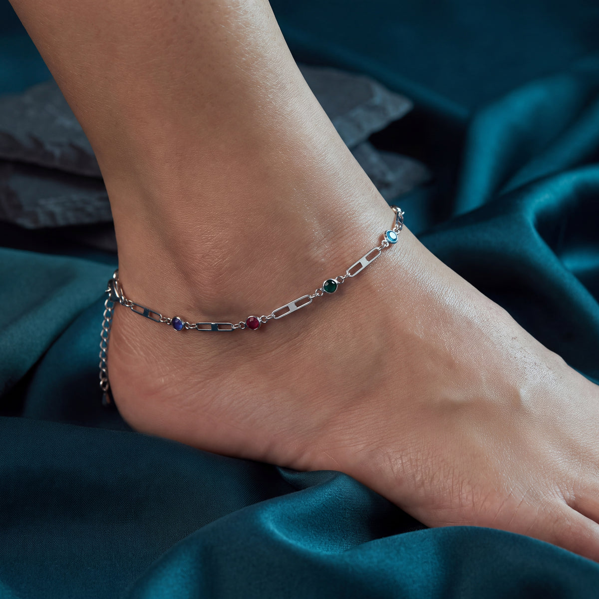 Multicolour Round CZ Paperclip Chain Anklet