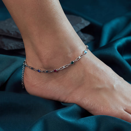 Multicolour Round CZ Paperclip Chain Anklet