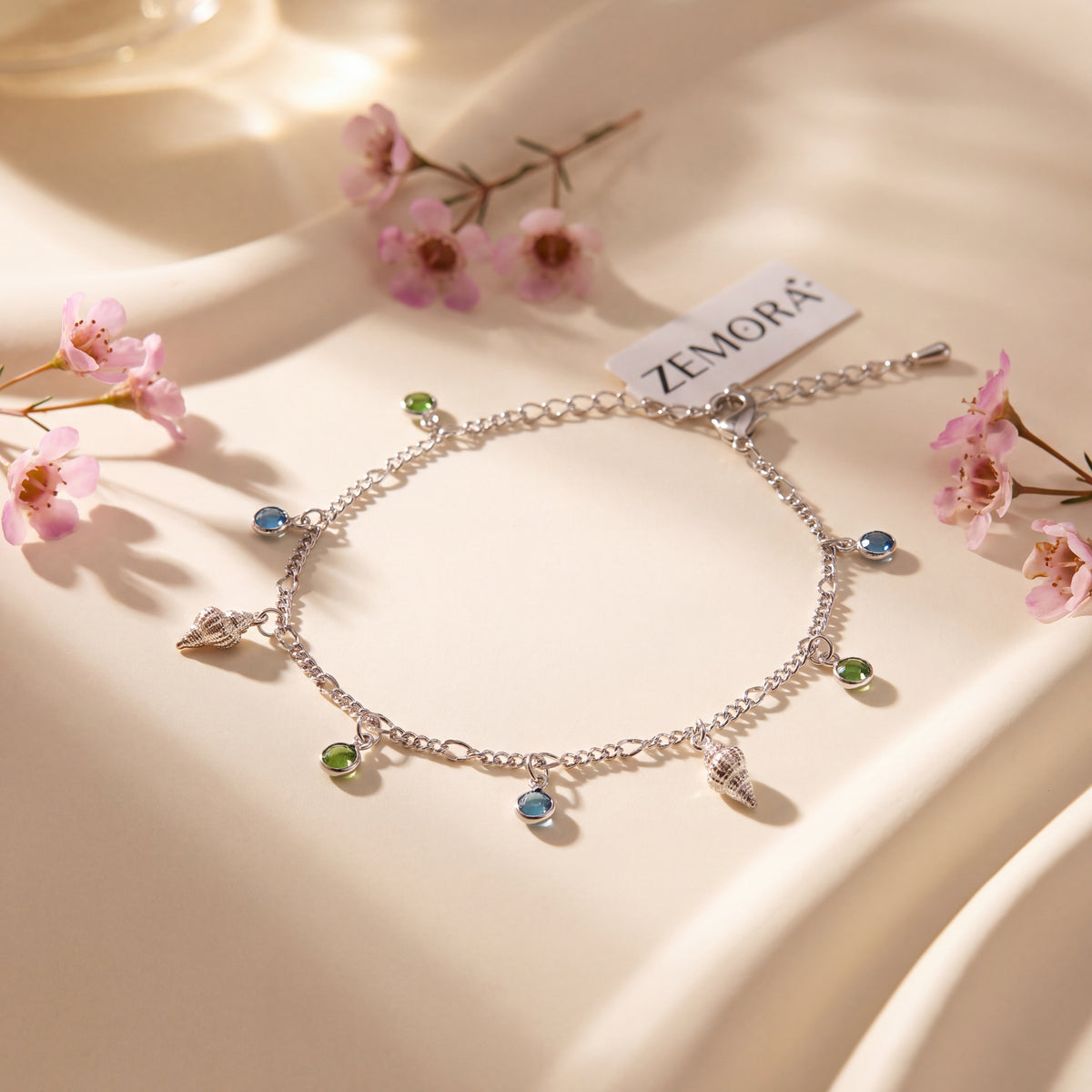 Seashell & CZ Drop Charm Anklet